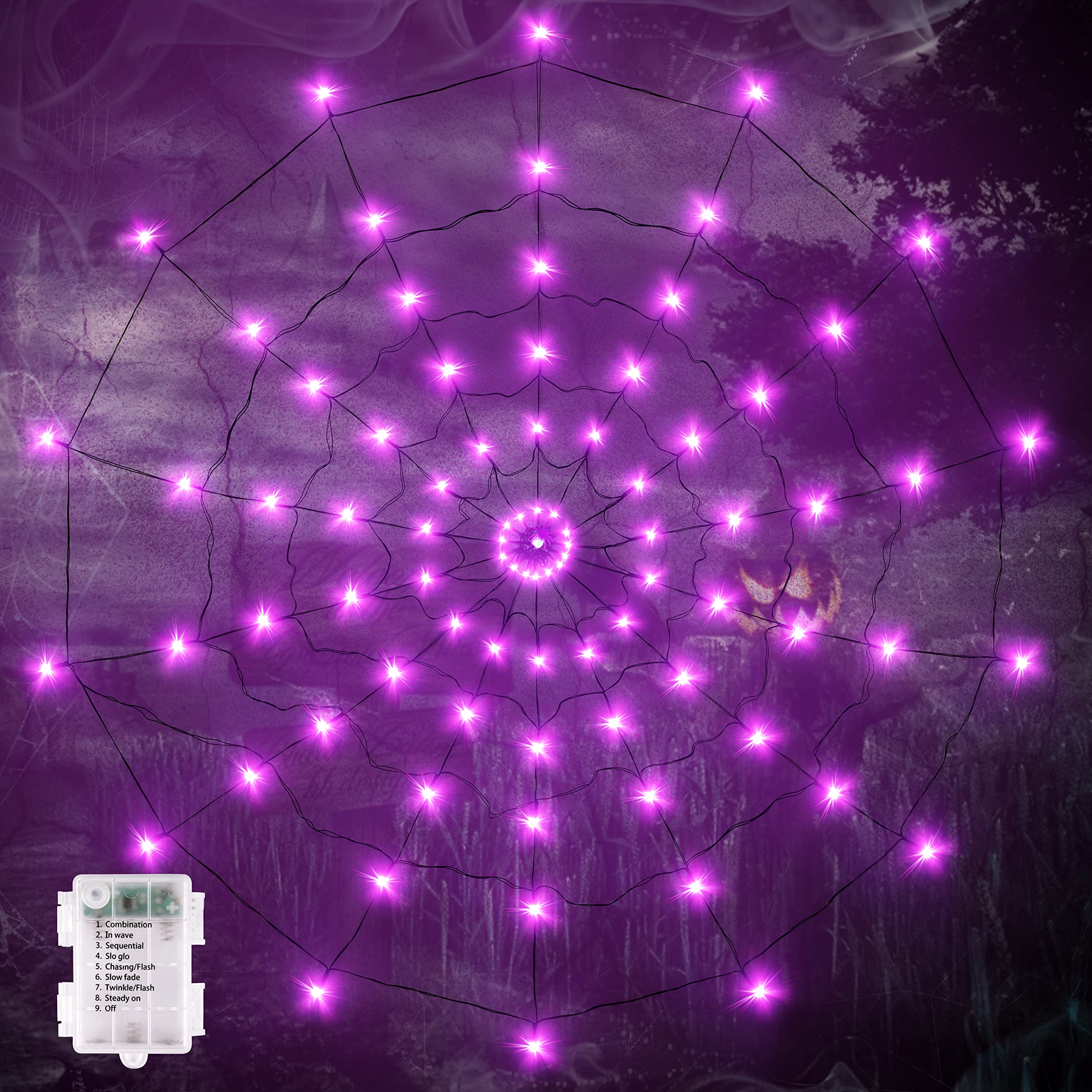 Large Size Halloween Decorations Spider Web Lights-4.92FT Diameter 84LED Lights Lighted Up Purple Hallowmas Outdoor Party Decor(Batteries Not Included)