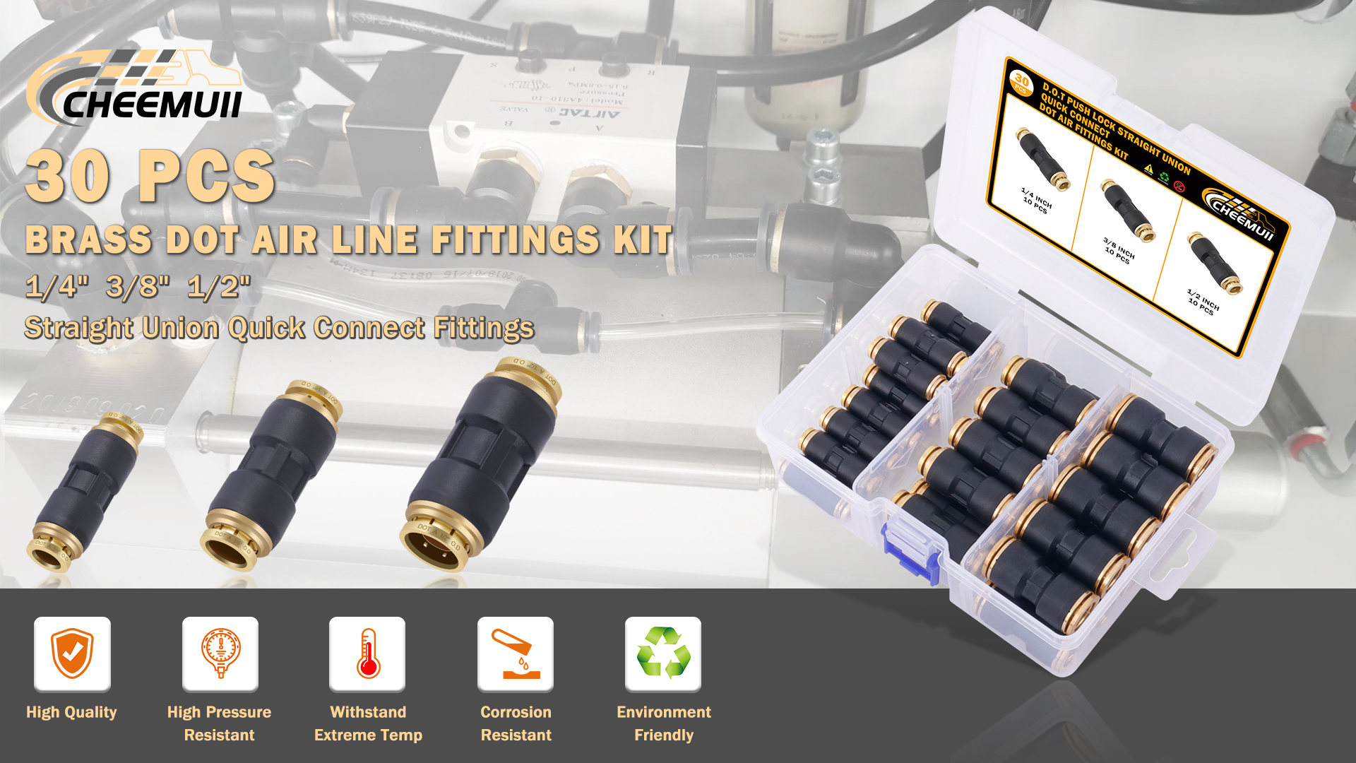 CheeMuii 15-Piece Brass DOT Quick Connect Air Line Fittings Kit – Push-to-Lock Straight Unions In 1/4", 3/8" & 1/2" Sizes