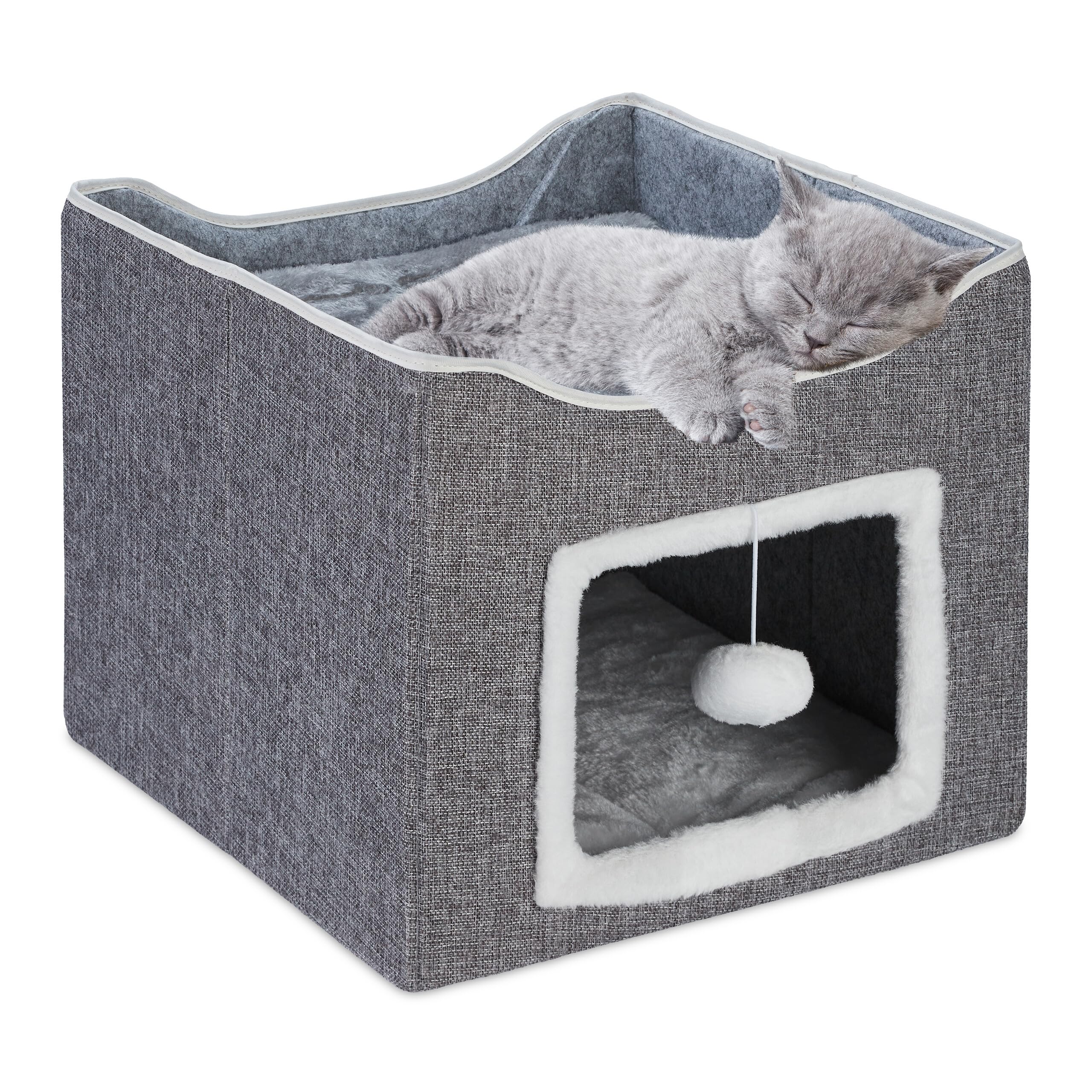 Relaxdays Casa Gato Plegable con Rascador, Cueva Gatito con Pelota Colgante, 2 Cojines Mullidos, 32 x 40 x 40 cm, Gris, Tablero de Fibras