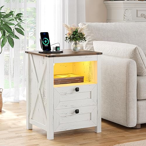 Miniatura 38 de Mesita de noche LED con cajón para pistolas: mesita de noche con estación de carga para muebles de dormitorio, mesita de noche de granja con 3 91061