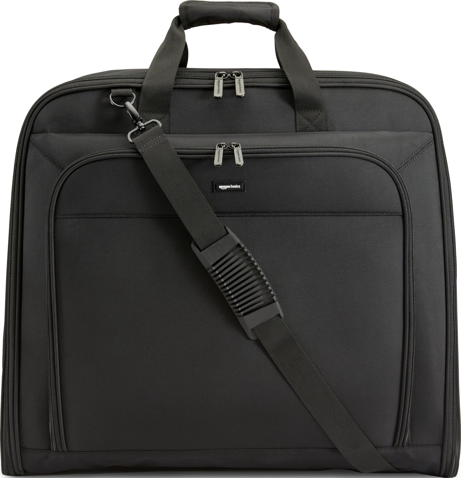 Amazon Basics 43" Travel Garment Bag Travel, Spacious Suit Bag with Detachable Shoulder Strap, Exterior/Interior Pockets, Imitation leather-reinforced Corners, Trifold, Black