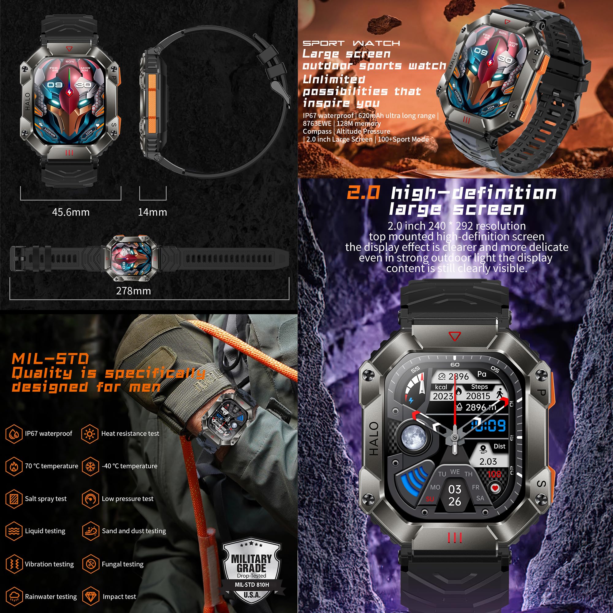 ZPIMY Montre Connectée Homme avec Appel Bluetooth, 2,0” AMOLED 5ATM Smartwatch Homme avec 100+ Modes Sportifs Tracker d'activité, Sommeil, SpO2, Smart Watch pour iOS Android (Noir)