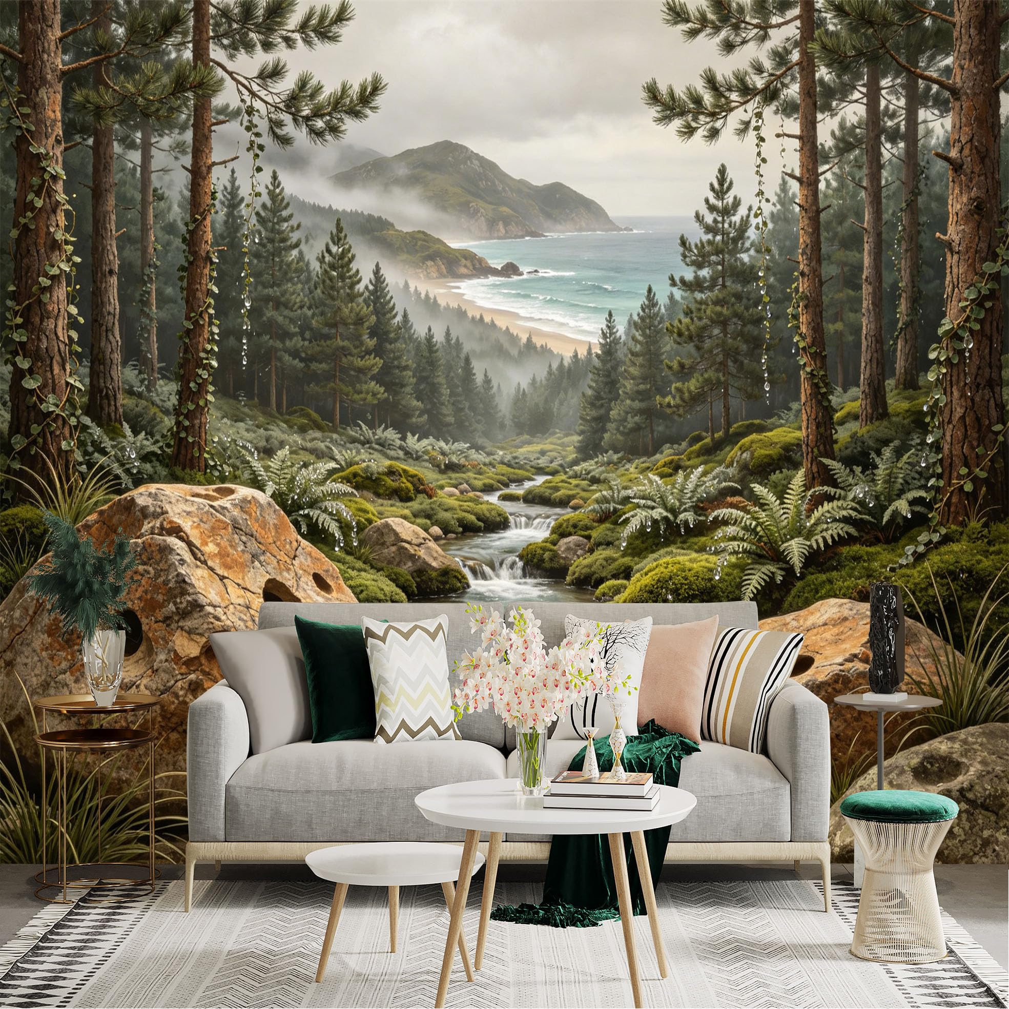 Custom Size Wall Sticker Mural， Forest Stream with Pine Trees， Misty Mountains and Ocean View， for wall Decoration， peelandstick wall Decals.