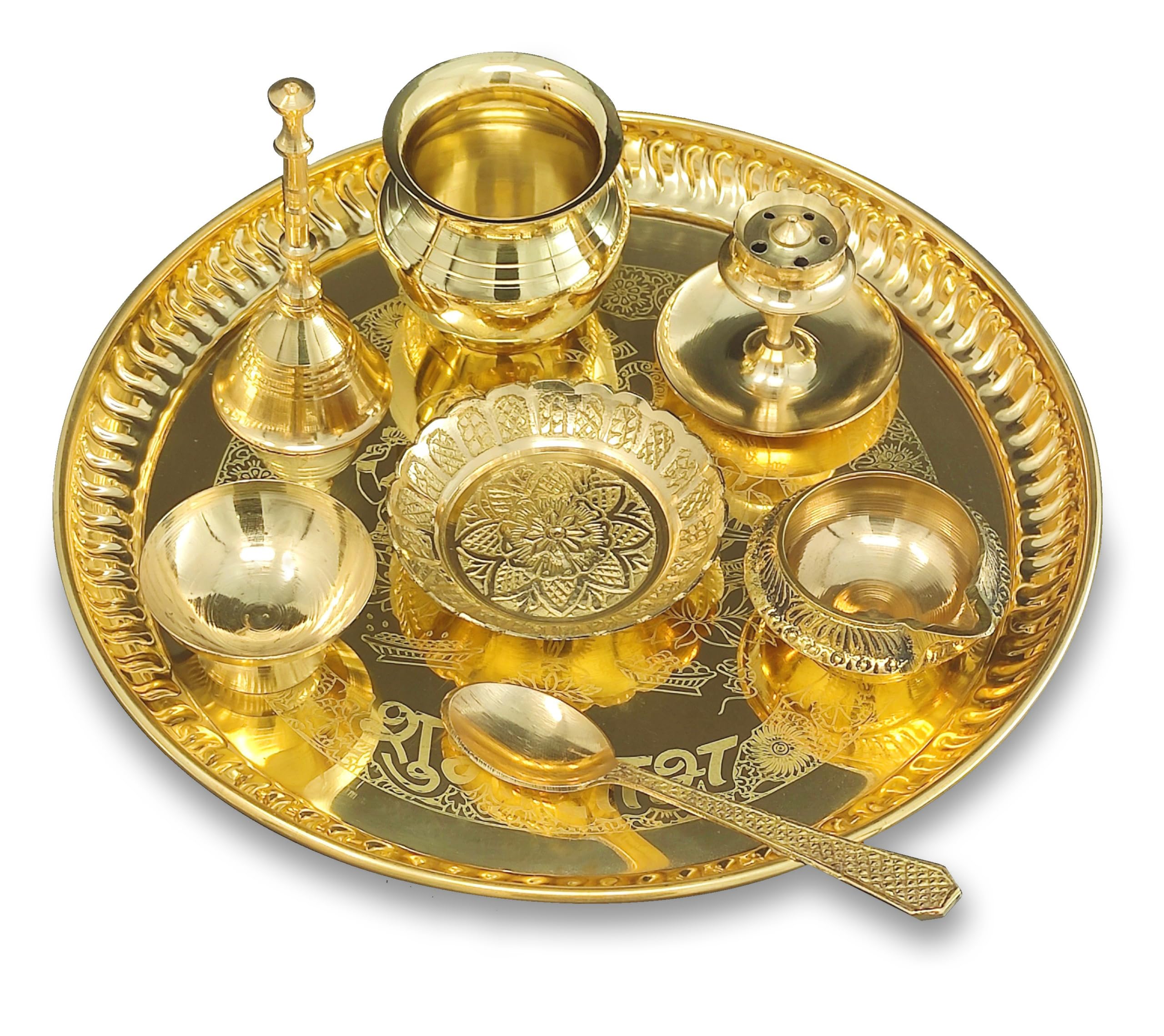 BENGALEN Messing Puja Thali Set 20,3 cm mit Pital Teller Dhup Dan Kalash Löffel Ghanti Schüssel Kuber Diya Kangura Teller Pooja Thali für Diwali Home Mandir Büro Hochzeit Rückkehr Geschenkartikel
