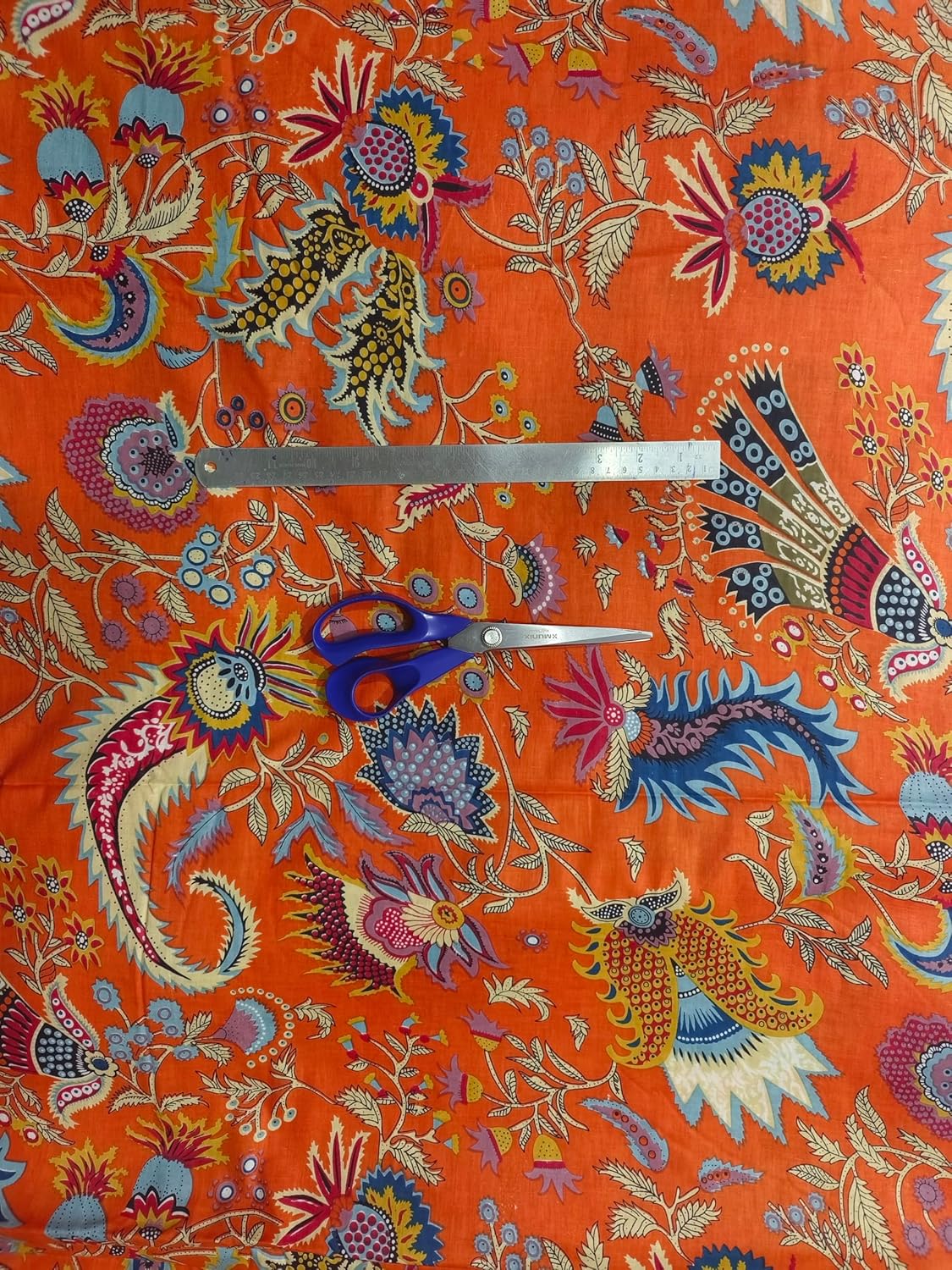 Indian Hand-Block Printed Jaipuri Mukut Floral Print Ethnic Sanganer Kurti Print Cotton Fabric (5 Yards, Orange Mukut)