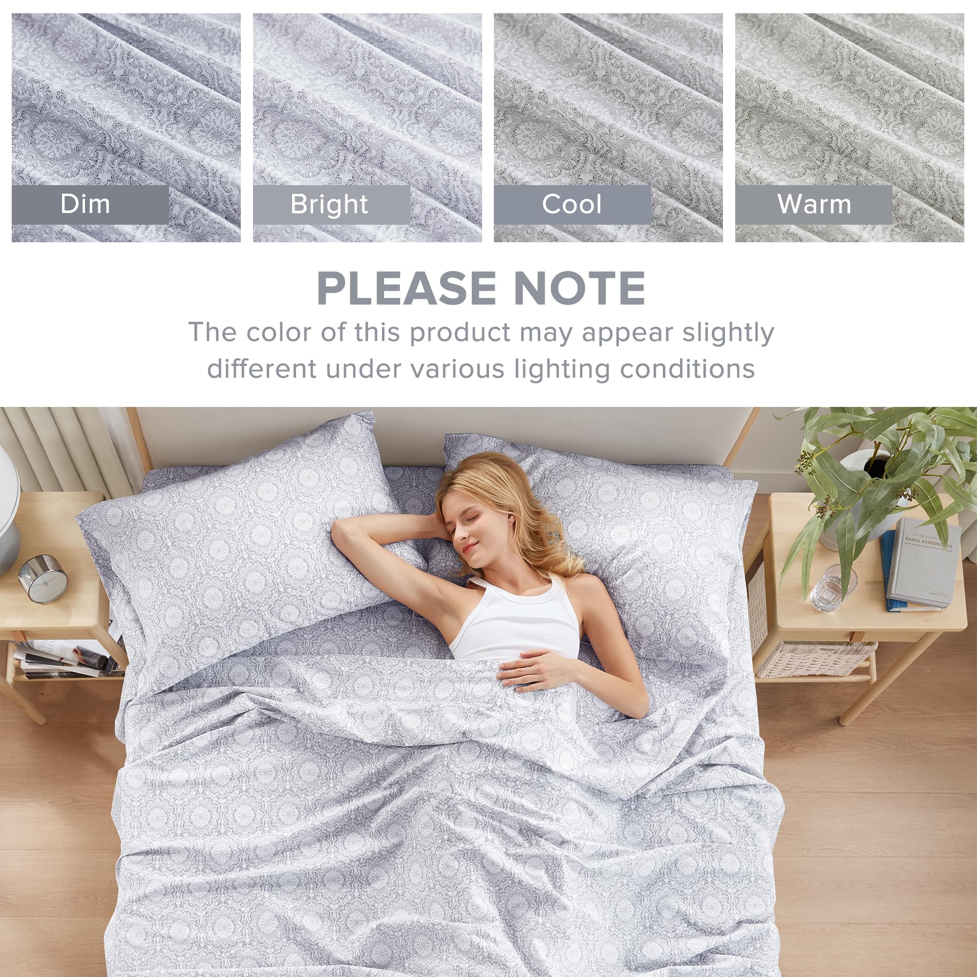 Comfort Spaces Komplet pościeli, 100% bawełna, oddychający, lekki, miękki, z elastyczną kieszenią 35 cm, do materacy o grubości do 40 cm, pościel całoroczna, poszewka, 4 el., Full Adelia, szary