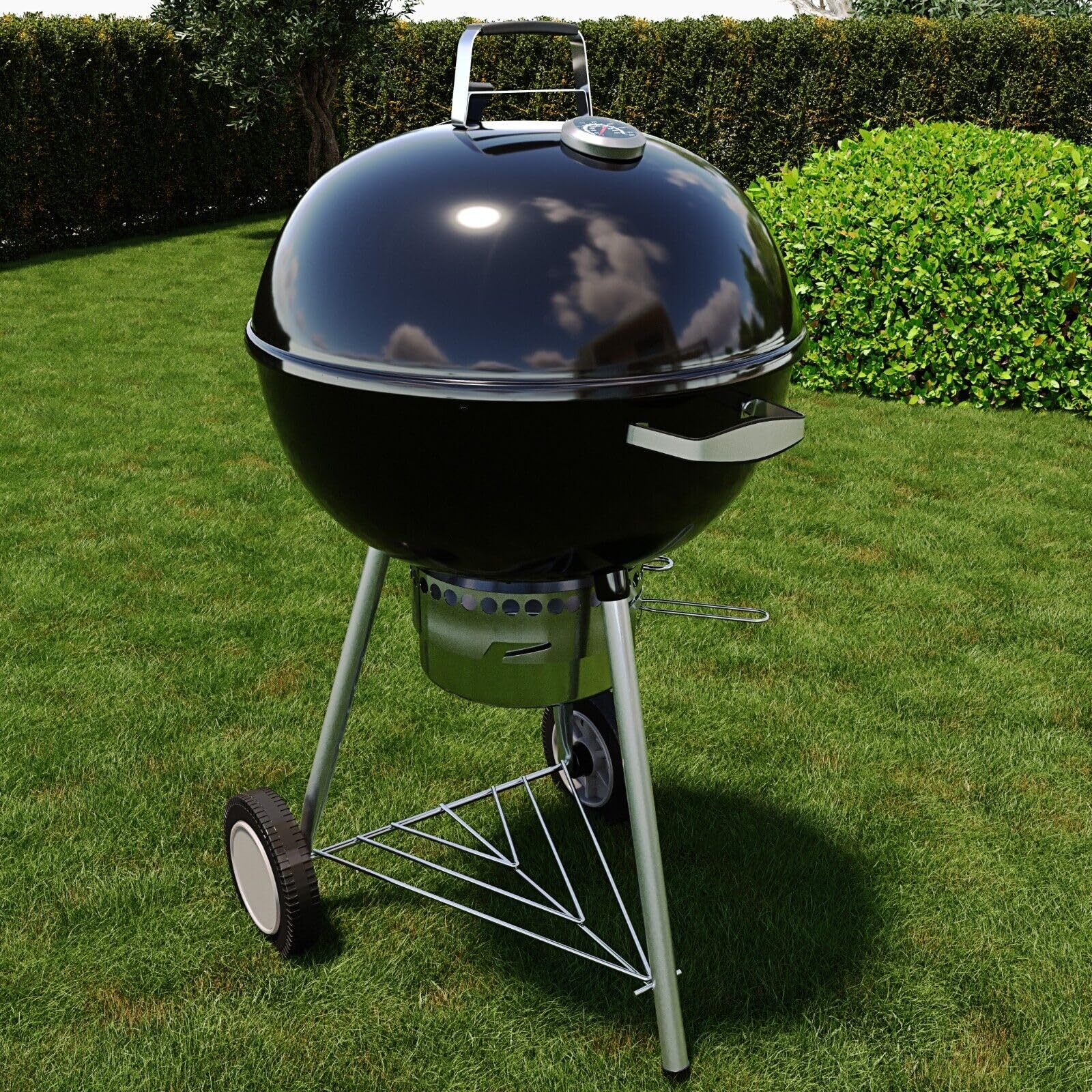 BRICOZONE Barbecue a Carbonella Rotondo 57 cm con Coperchio Termometro e Ruote BBQ Compatto Portatile Grill Griglia da Giardino Picnic Balcone Terrazzo Colore Nero