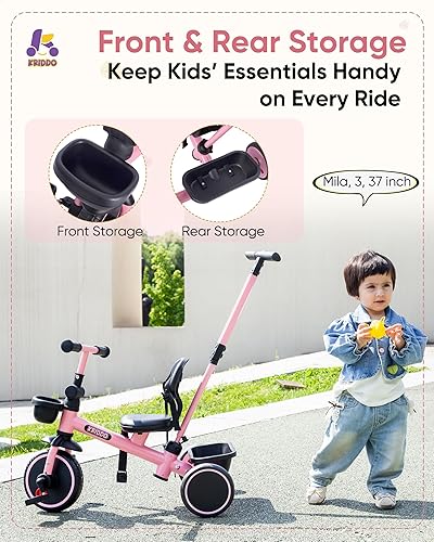 Miniatura 4 de KRIDDO Triciclo 2 en 1 para niños pequeños de 1.5 a 5 años, triciclo de empuje con mango desmontable de dirección para padres, manubrio ajustable de