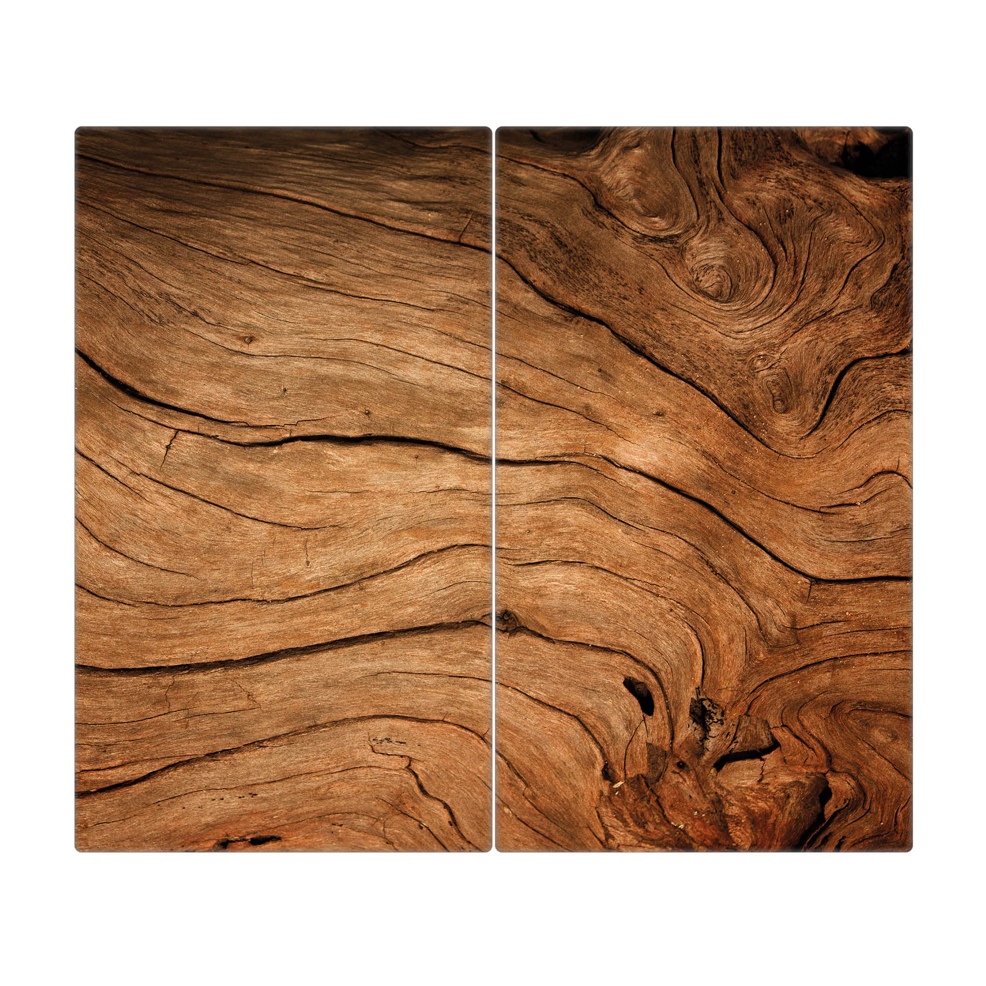banjado Herdabdeckplatte Glas 2-teilig 60x52 cm, robuste Ceranfeld Abdeckung und Schneidebrett Glas aus gehärtetem Glas, Spritzschutz Küche in warmer Holzoptik mit Motiv Trockenes Holz