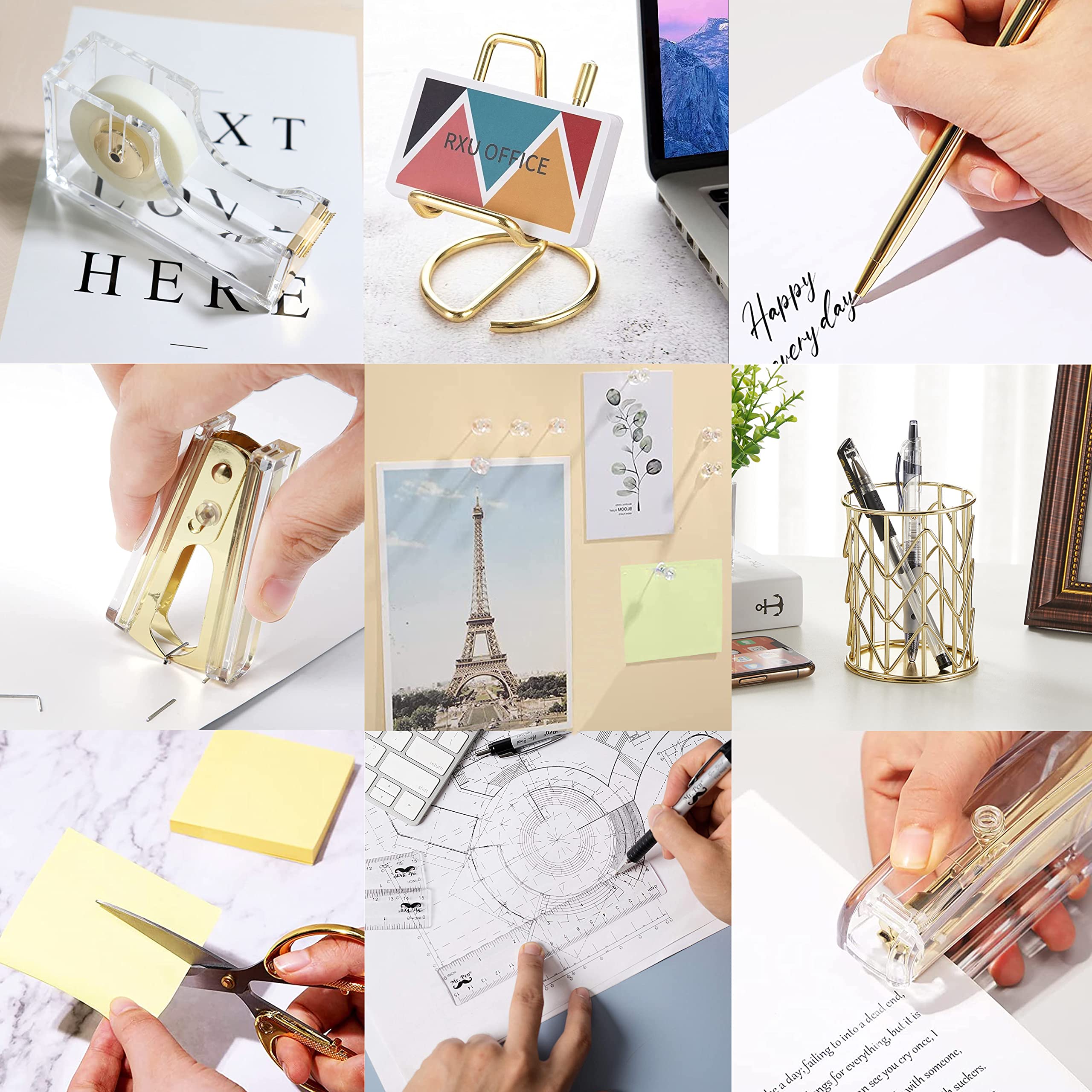 Accesorios de escritorio dorados, grapadora acrílica, removedor de grapas, soporte de cinta, soporte para bolígrafos, bolígrafo, tijeras, clips de carpeta, 1000 grapas, soporte para teléfono, regla