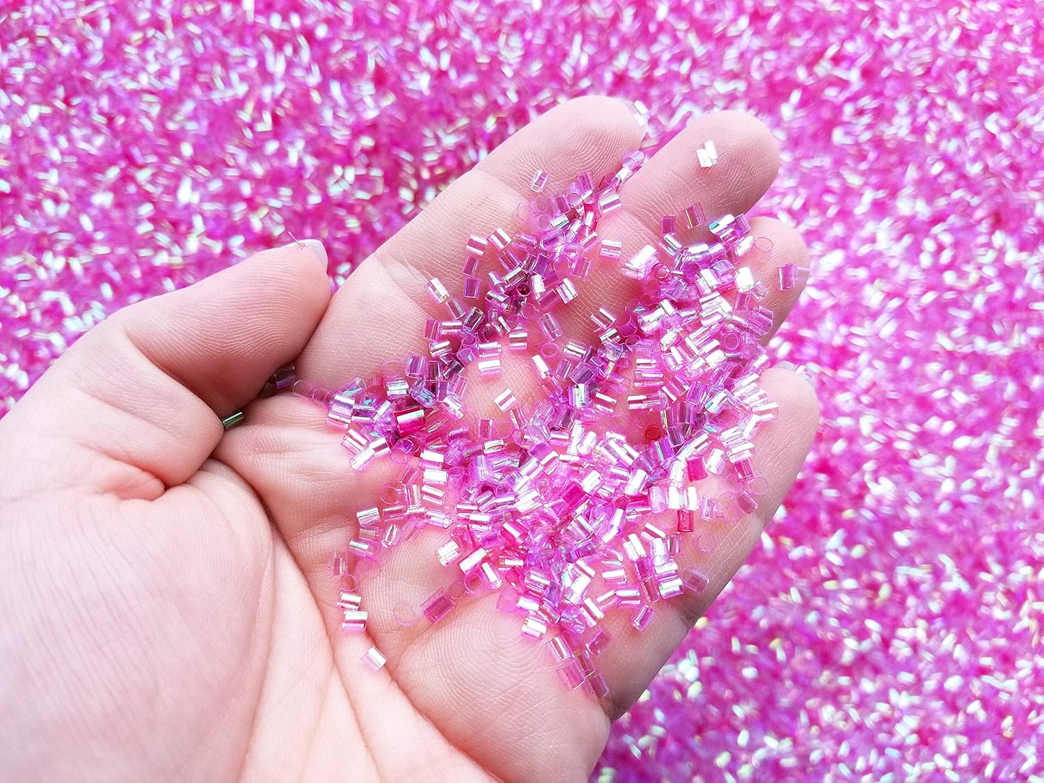Iridescent Crispy Bingsu Beads for Crunchy Slime, Iridescent Straw Beads, 3D Glitter, Slime Supply (Fuchsia Pink, 25 Gram Bag)