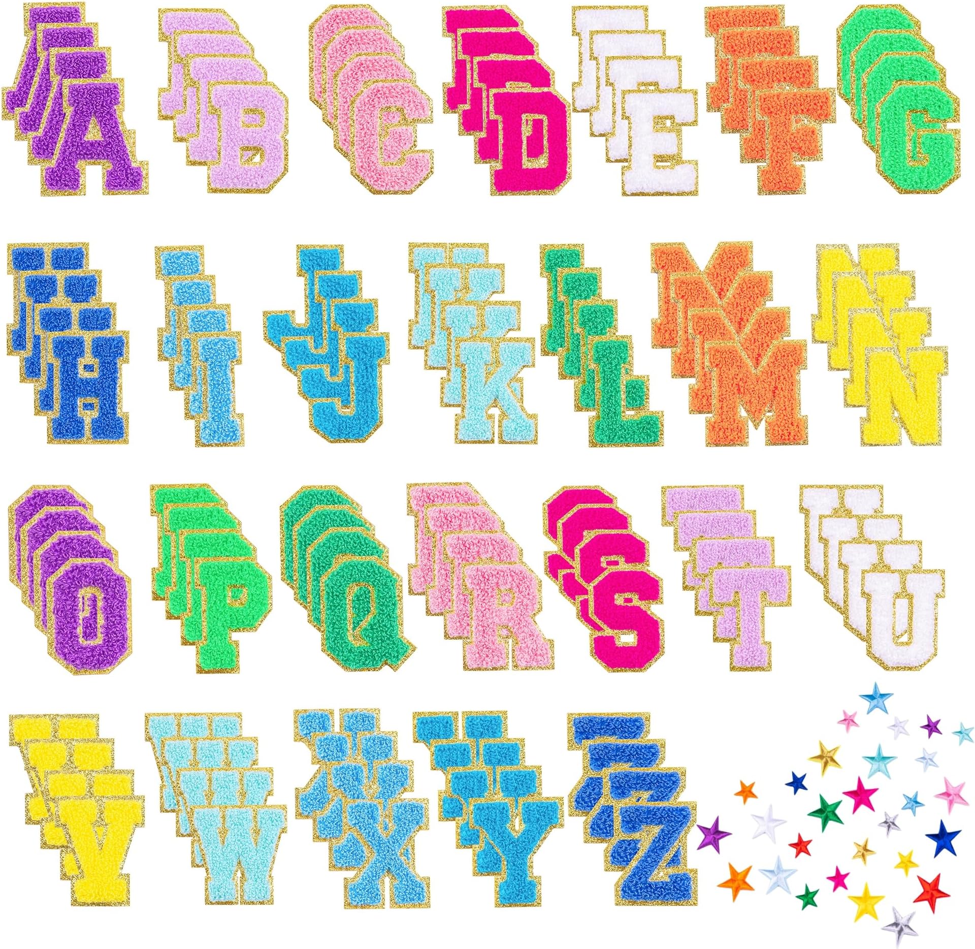 132 Pcs Varsity Letter Patches Kit - 104 Self Adhesive Chenille Letters & 28 Iron On Stars, No-Sew Fabric Patches for Clothes, Jackets, Backpacks, Hats, DIY Crafts (2.17", Multi-Color)