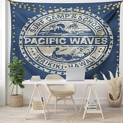 Miniatura 7 de Ambesonne Tapiz moderno, campamento de surf de olas del Pacífico y diseño de efectos de logotipo de Hawaii, colgante de pared ancho para dormitorio,