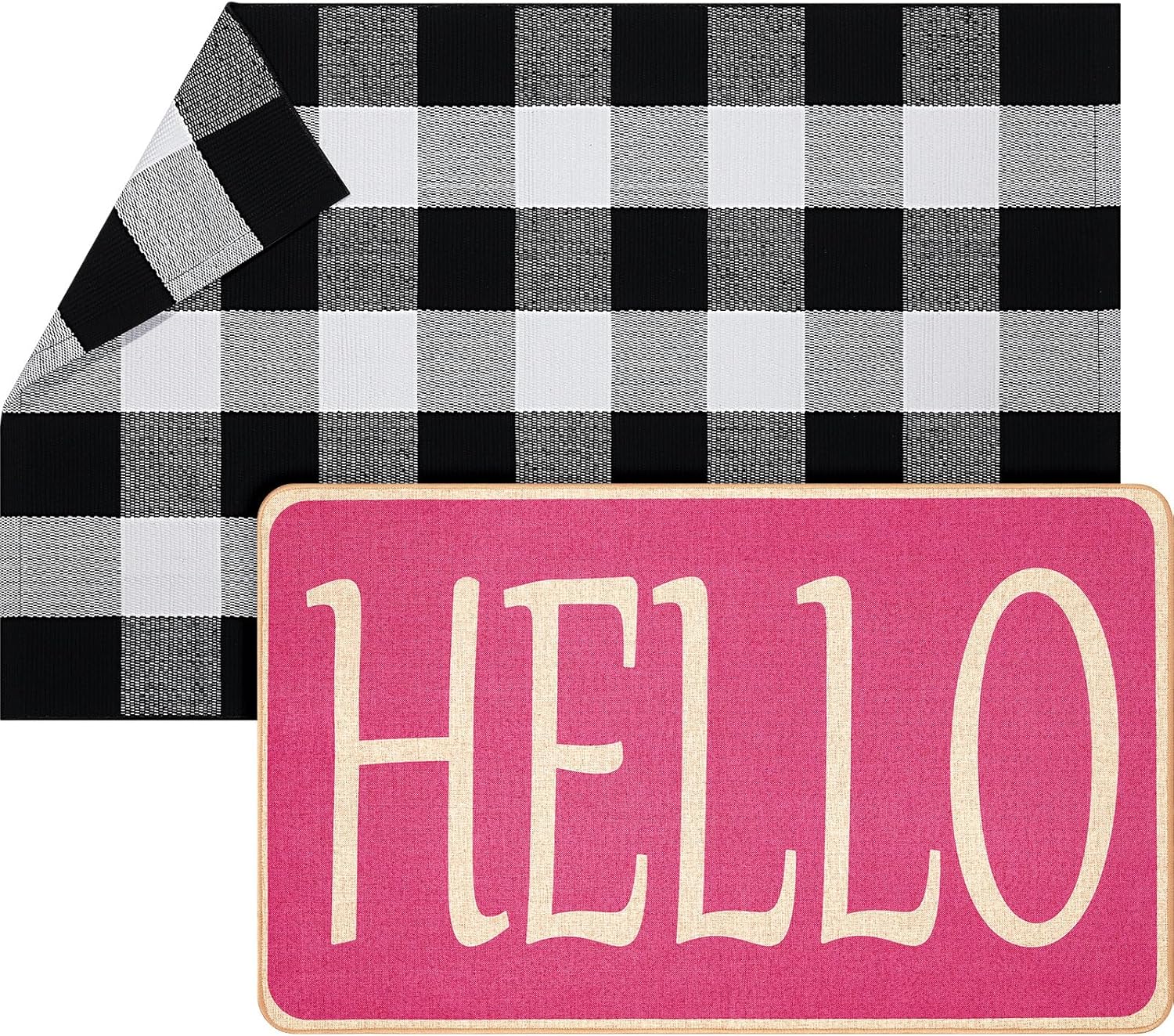 Geelin 2 Pcs Pink Hello Door Mat 30'' x 18'' and 43'' x 27.5'' Entrance Buffalo Checkered Rug for Indoor Outdoor Welcome Doormat for Outside Entrance Home Decorative