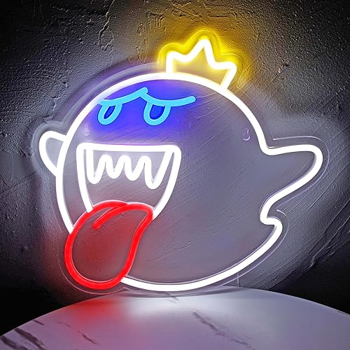 Letrero de neón King Boo The Ghost Face LED de luz de neón de Mario para decoración de sala de juegos, accesorio de luz de juegos, regalos para