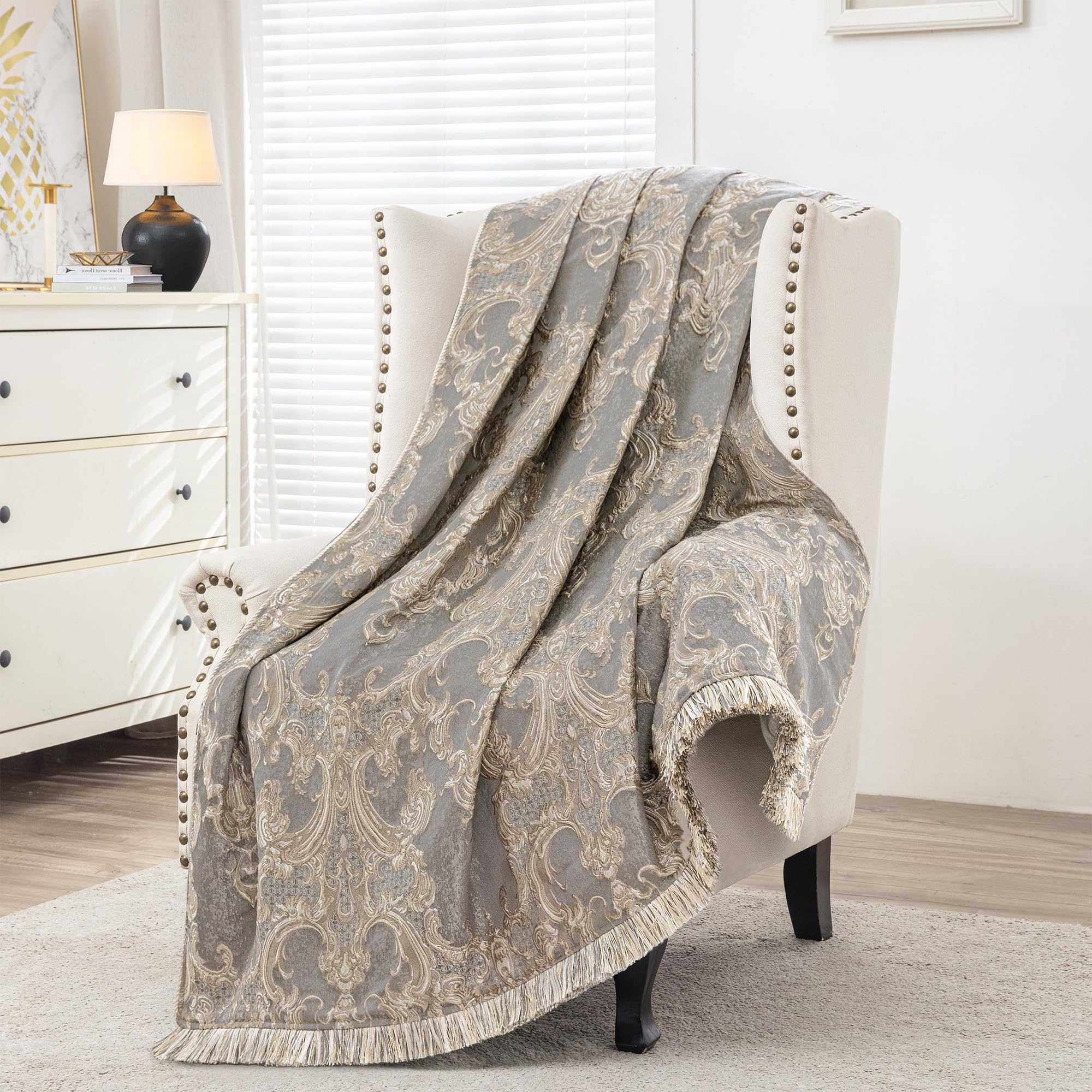 TOPLUXE Throw Blanket for Bed Sofa, Luxury Classic Damask Jacquard Bed Throw with Tassels for Sofa Couch Recliner Chair Living Room Bedroom 132x182cm (Light Grey)