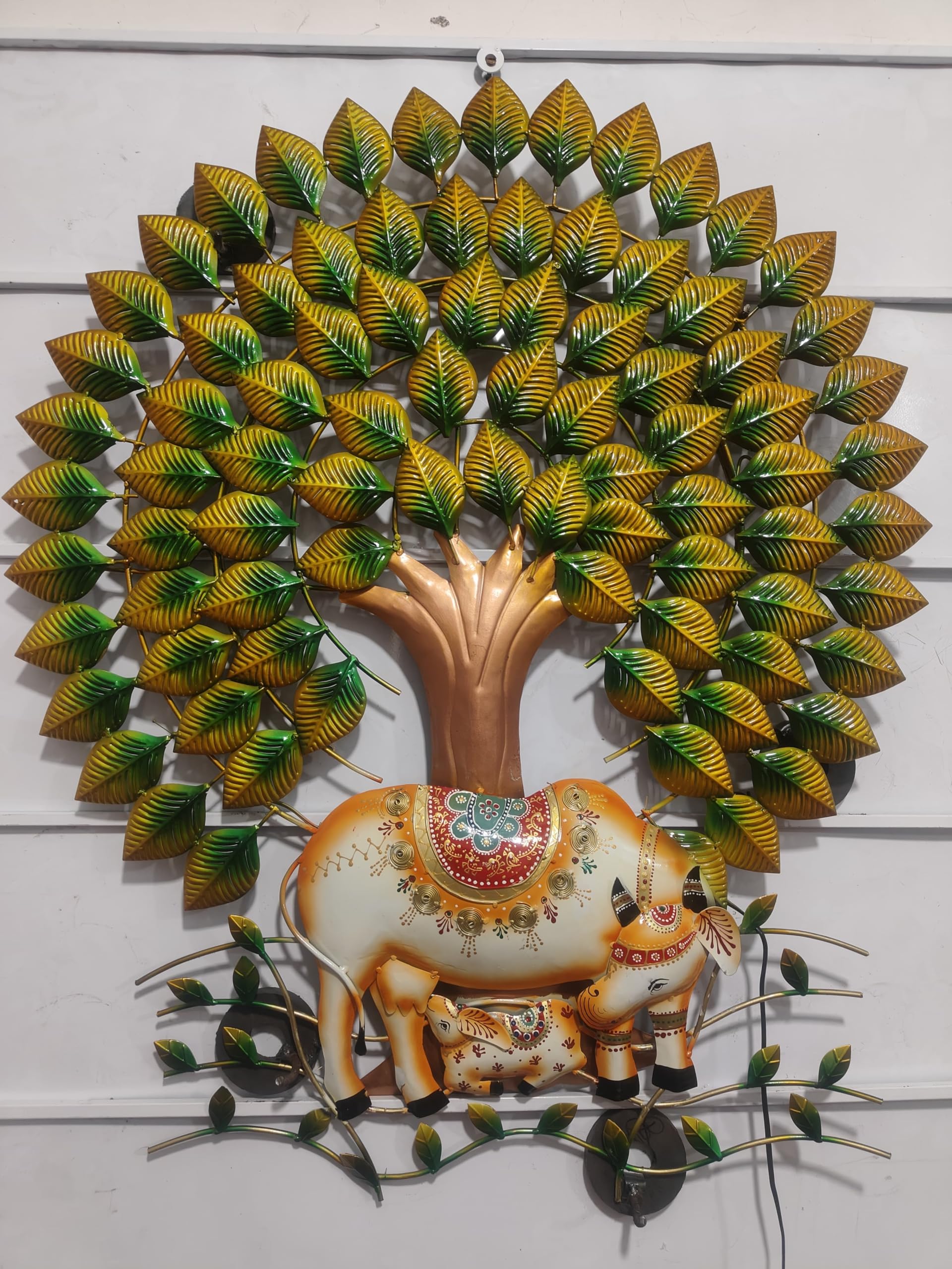 NESFUR Exclusive Divine Kamdhenu Cow and Calf under Kalpavriksha Tree Metal Wall Art with Warm LED Lights - 3D Handcrafted Decorative Masterpiece for Home & Office (Size: 41 x 34 Inch)-image-26