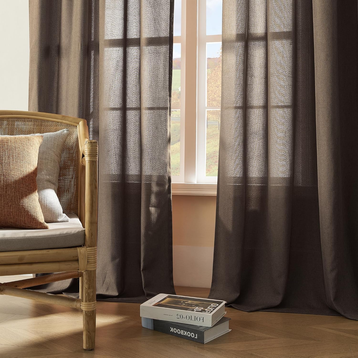 DONREN Back Tab and Rod Pocket Linen Curtains 102 Inch Length 2 Panels Set, Light Filtering Semi Sheer Farmhouse Boho Curtains & Drapes for Bedroom Living Room, W50 x L102，Brown