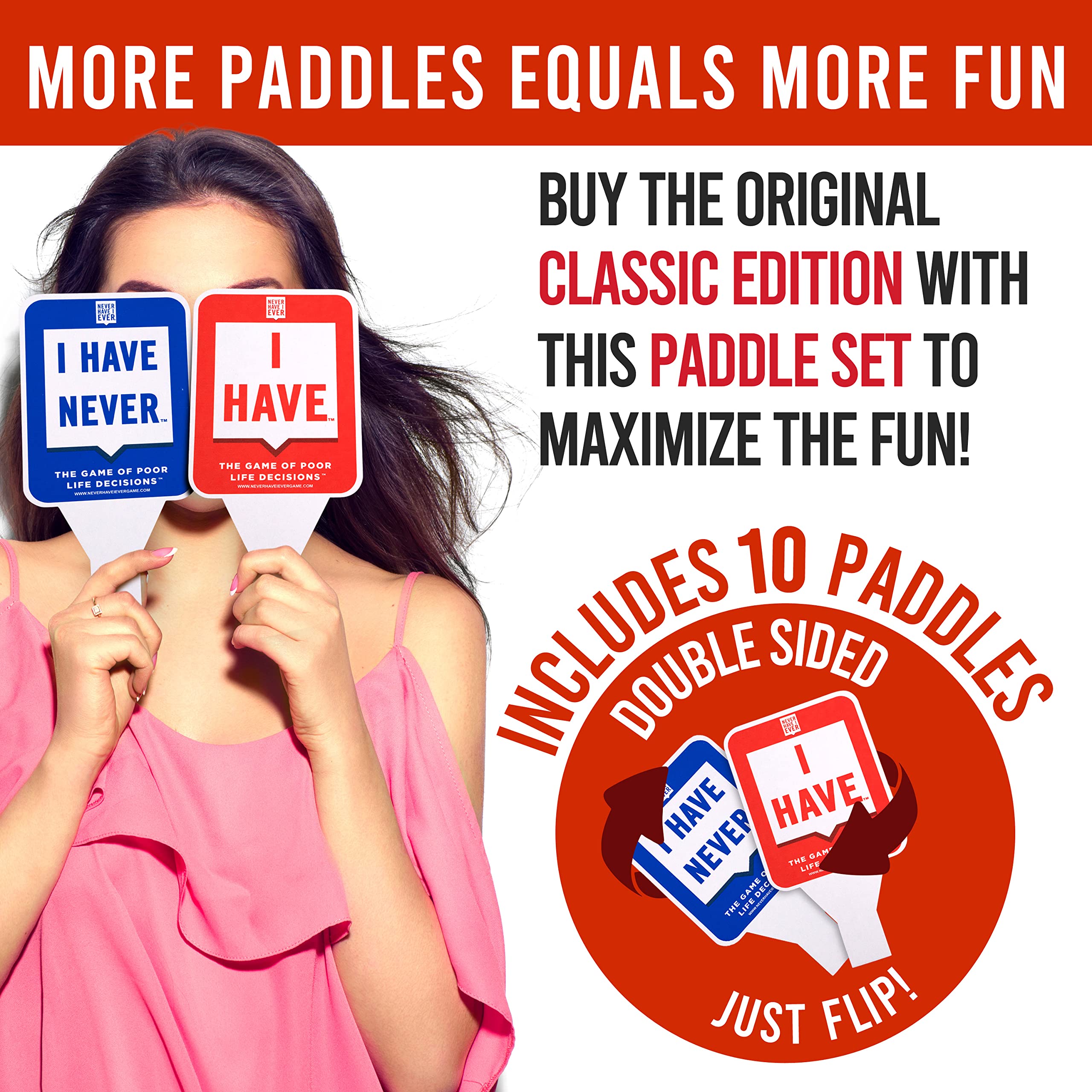 Amazon.com: Never Have I Ever Paddles | Set of 10 Paddles | Fun Accessory  for Game Night Party Games for Adults and Kids | Use Classic Edition : Toys  & Games