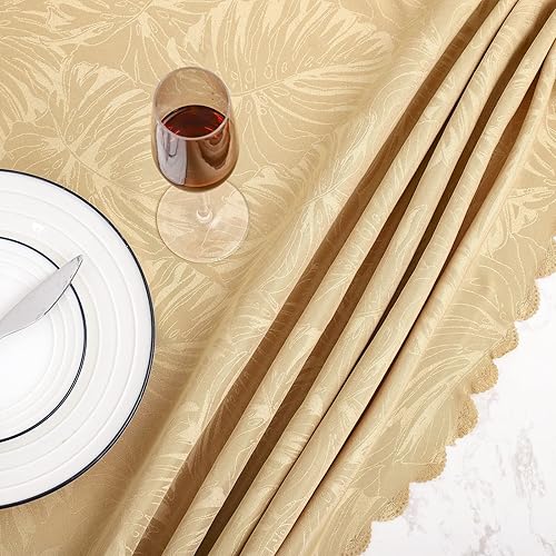 Miniatura 6 de Mantel redondo de tela de 60 pulgadas, diseño de hojas, borde festoneado, mantel sedoso, impermeable, resistente a las arrugas, lavable, para