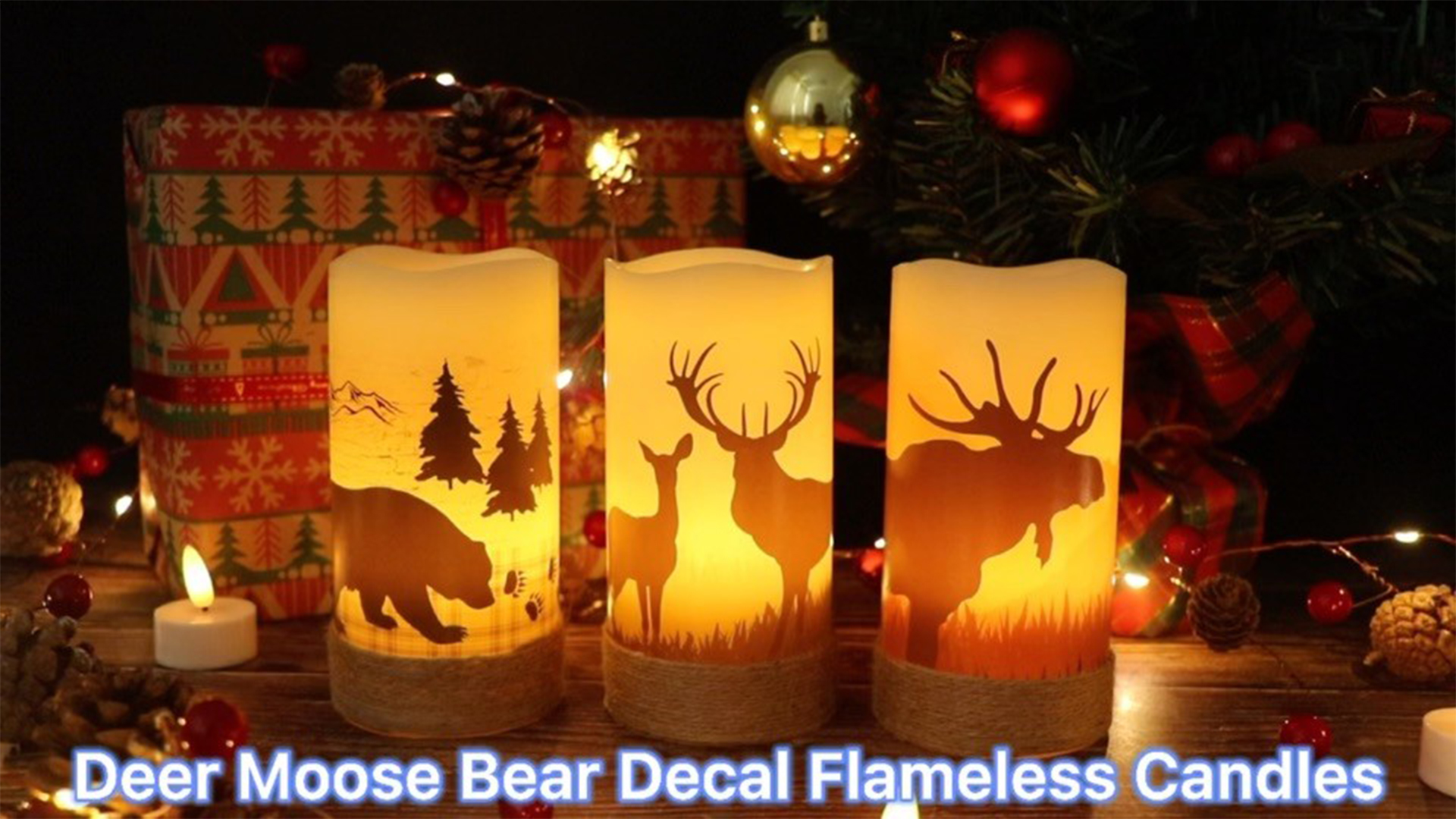 Image of Eldnacele Flameless Flickering Candles Deer, Moose, Bear Decal with Hemp Rope and 6H Timer, Battery Operated LED Pillar Candles Real Wax Home Decor Christmas and Gift Set of 3