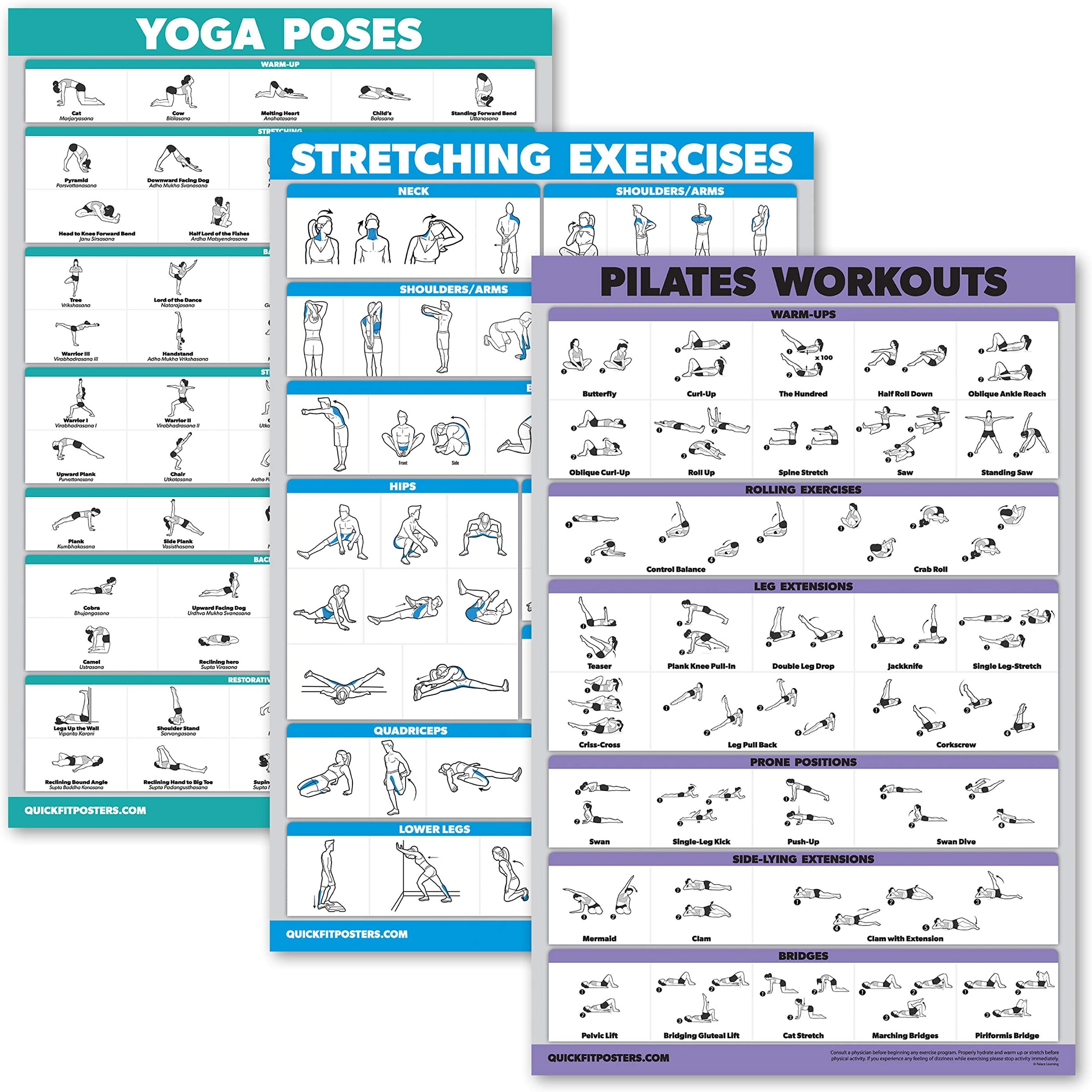 QuickFit 3 Pack - Yoga Poses + Stretching Exercises + Pilates Mat Work Poster Set - Set of 3 Workout Charts