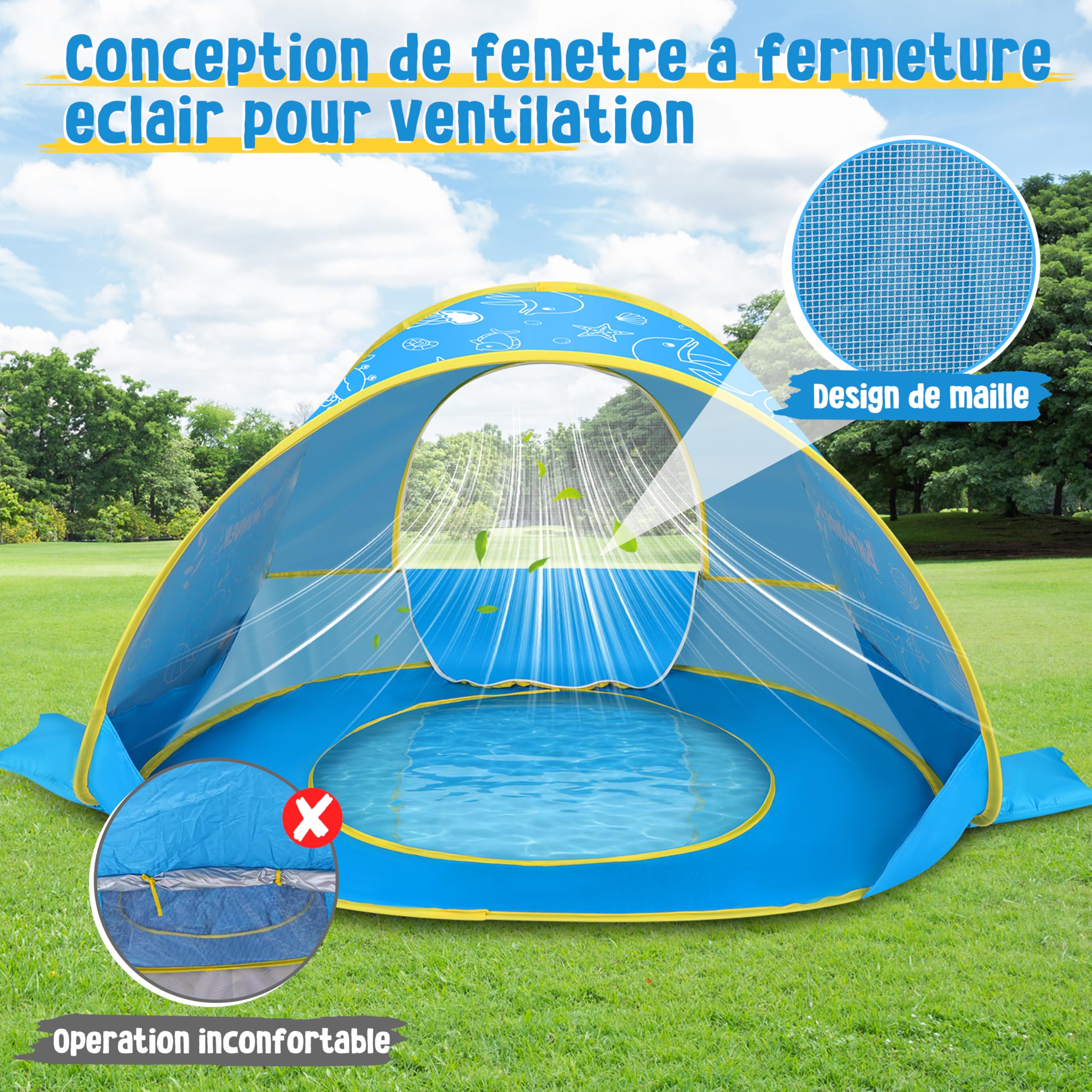 Herenear Grande Tente de Plage Bébé avec Protection UV 50+, Pop Up, Portable, Tente de Plage avec Sac de Transport et piquets pour Maison, Cour, Camping (Bleu)