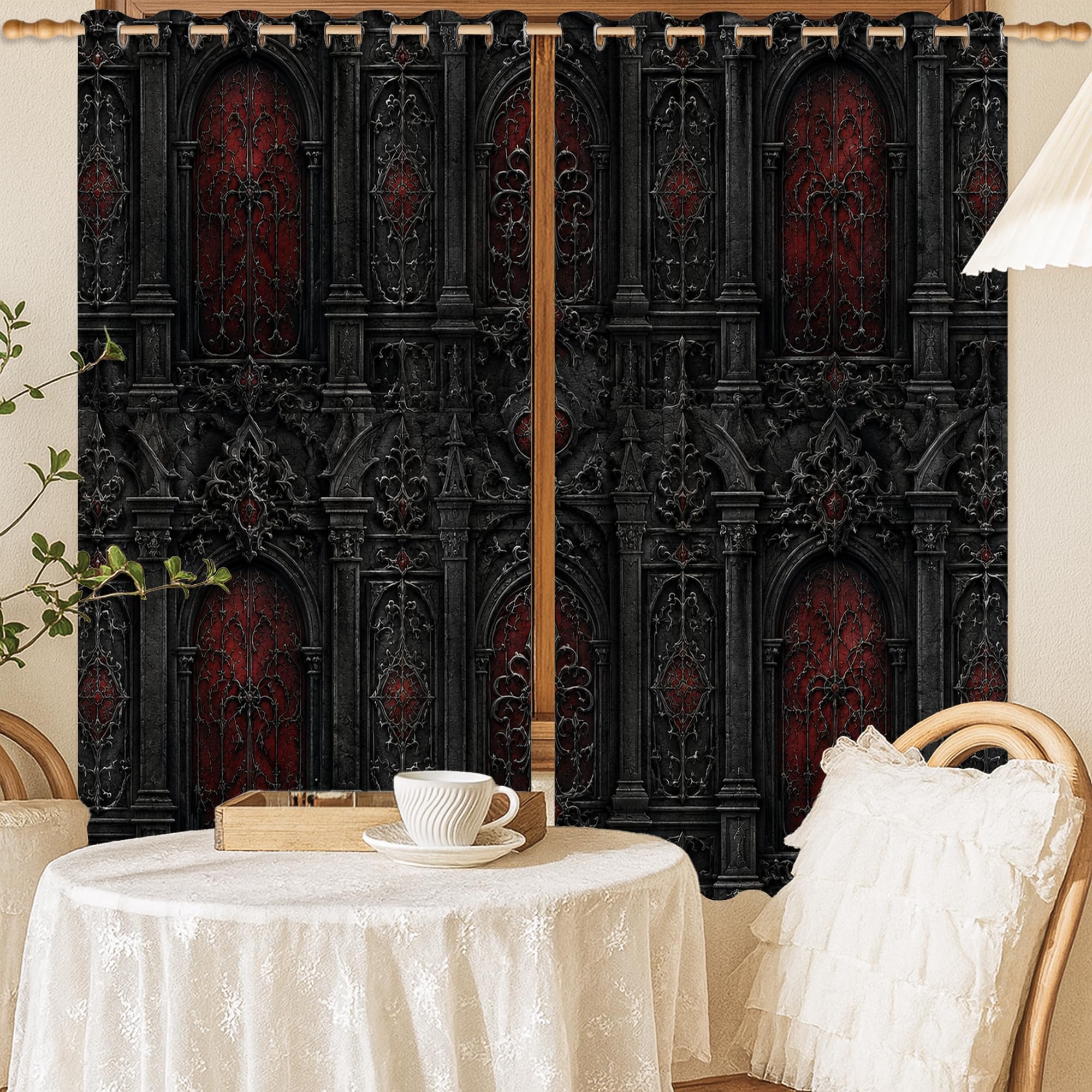 Rideaux occultants gothiques noirs 132x137cm de style victorien pour decoration de fenetre