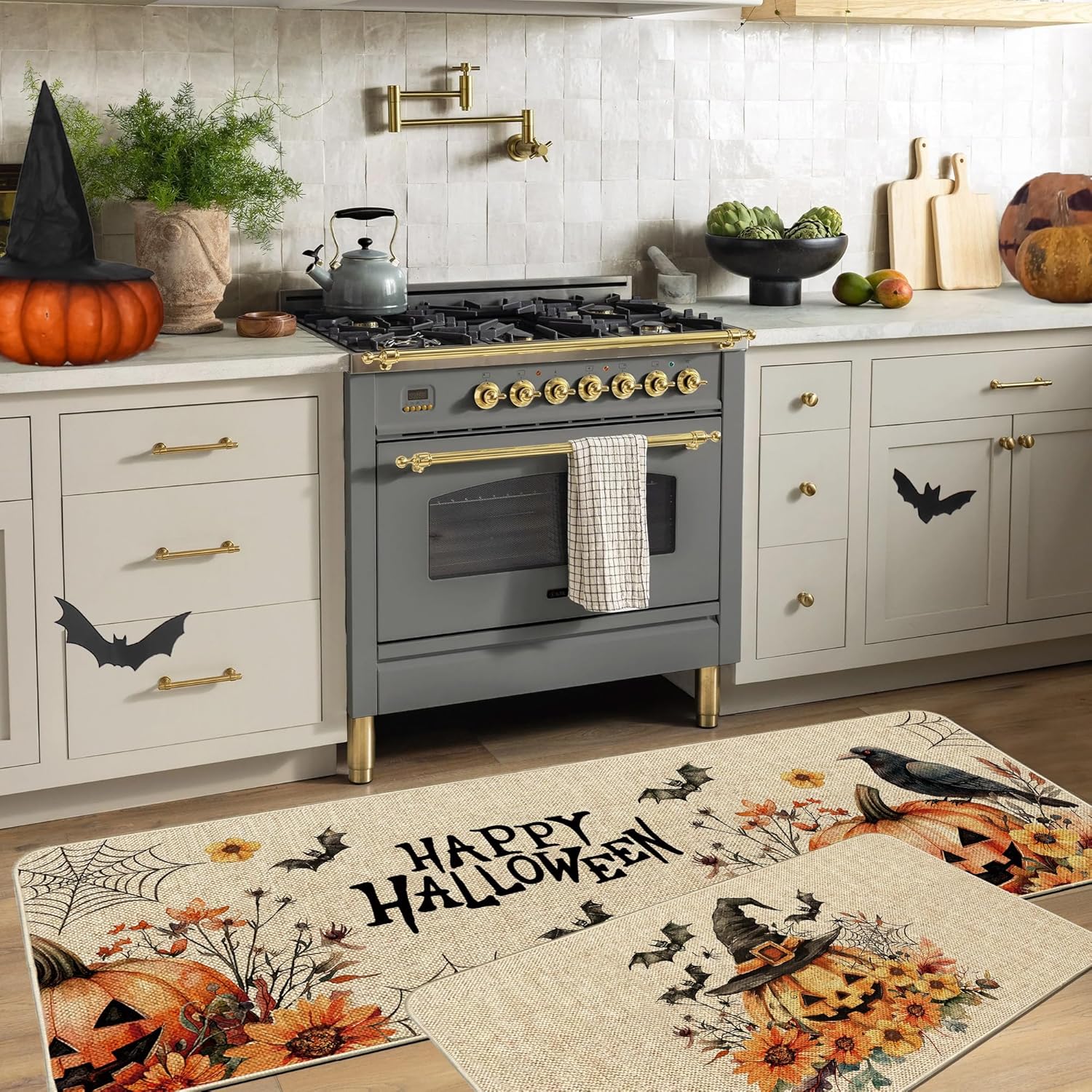 Happy Halloween Pumpkin Kitchen Mats Set of 2, Spider Web Crow Kitchen Rugs Holiday Floor Non-Slip Low Profile Mat Seasonal Farmhouse Home Decor 17x29 and 17x47 Inch