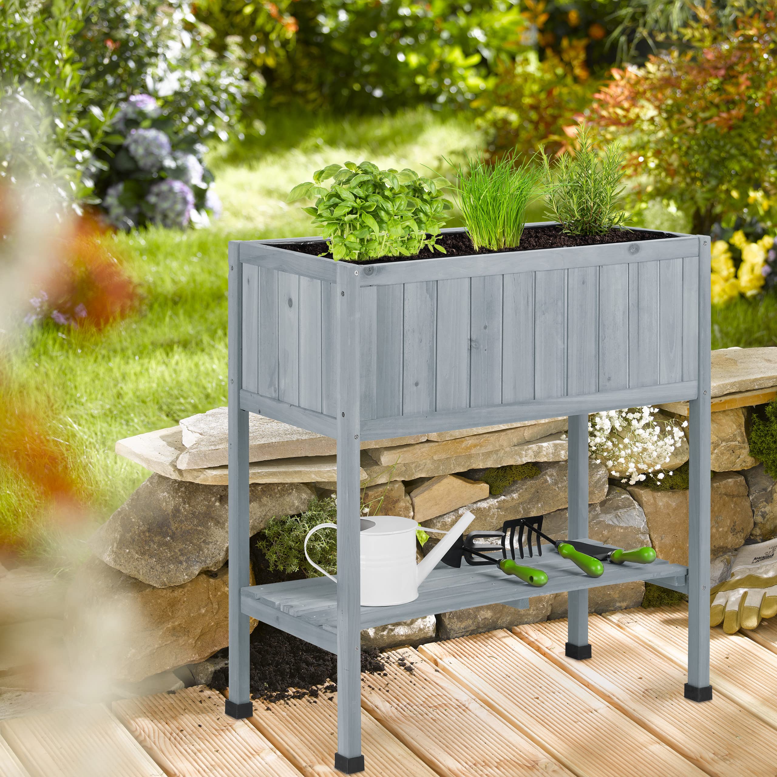 Relaxdays Huerto Urbano Madera, Bancal Alto, Jardinera, Balda de Herramientas, 80,5 x 74 x 38 cm, Jardín, Balcón, Gris