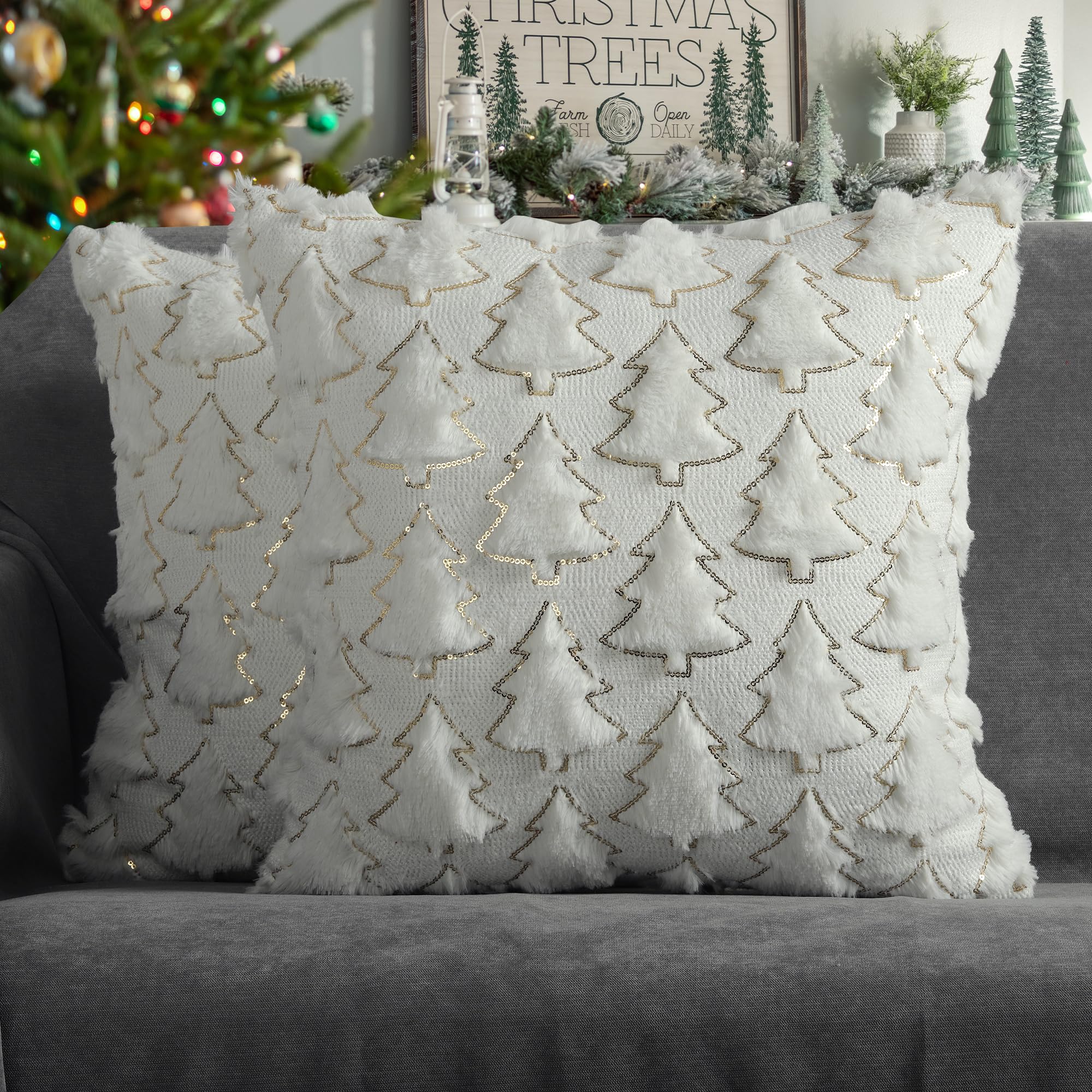 4TH Emotion Christmas Tree Decorative Pillow Covers 20x20 Set of 2, White Soft Plush Faux Fur Farmhouse Throw Cushion Cases for Xmas Winter Holiday