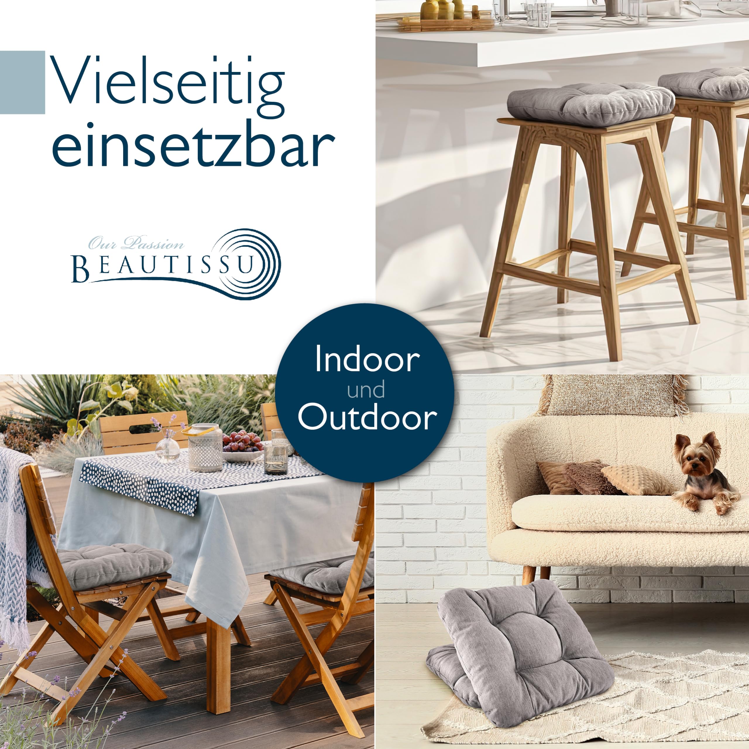 Beautissu 2er Set Premium Stuhlkissen UV-beständig Robust für Balkonstühle | 40x40cm Hellgrau 8cm dick Sitzkissen Outdoor Polster Gartenstuhl Sitzpolster Stuhl Kissen Indoor Sitzauflage HighLux SK