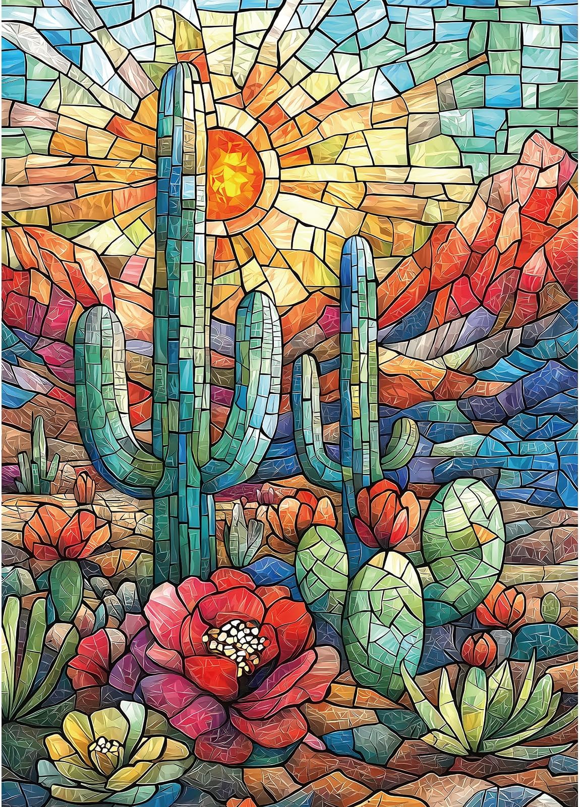 Blueforest Cactus 1000 Piece Puzzle for Adults - Mosaic-Style Desert Therapy Jigsaw Puzzle, Vibrant Succulent Wall Decor & Premium Gift Set (27.5"x19.7")