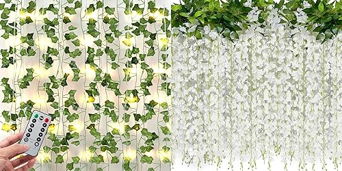 Miniatura 1 de JACKYLED 12 paquetes de enredaderas de hiedra artificial con 80 luces LED y 4 paquetes de flores colgantes de glicina blanca guirnalda de flores de