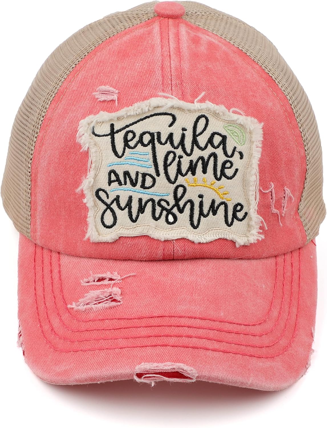 C.C Exclusives Washed Distressed Embroidered Patch Cotton Denim Criss-Cross Ponytail Hat Adjustable Baseball Cap
