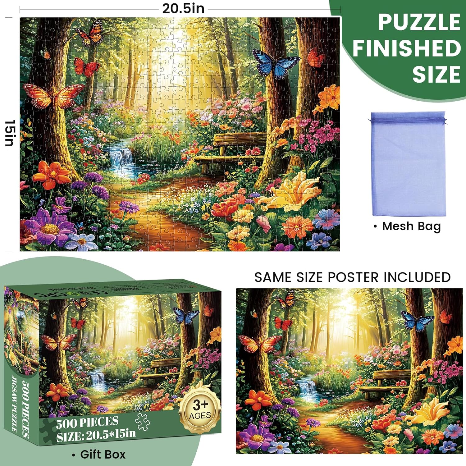 500 Piece Jigsaw Puzzle for Adults, Forest Butterfly Jigsaw Puzzle 500 Piece Forest Jigsaw Puzzles for Adult Butterfly Puzzles for Adults - Challenging Family Activity Gift 20.5 x 15 Inch