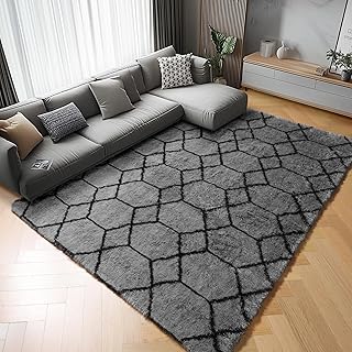 ONASAR Rugs for Living Room, Fluffy Soft 5x8 Grey and Black Geometric Ar...