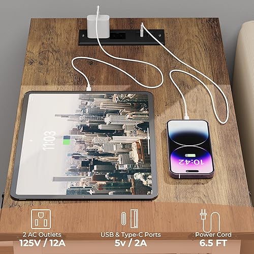 Miniatura 7 de VVFLU Mesa auxiliar de granja con estación de carga y 2 cajones de almacenamiento, mesita de noche de madera blanca estrecha, mesa auxiliar delgada