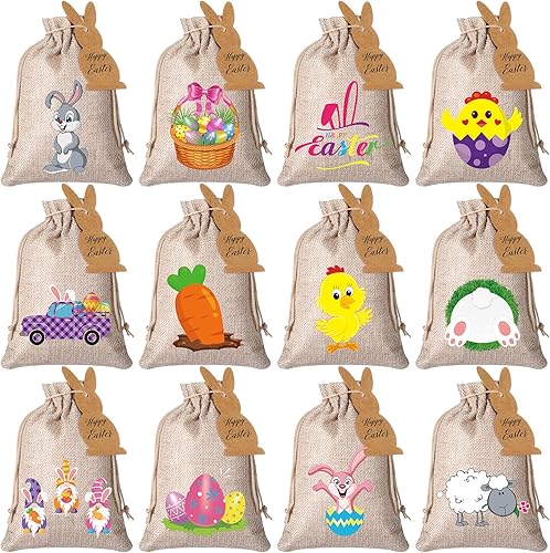 24 bolsas de arpillera de Pascua con cordón, bolsas de arpillera de Pascua con cordones, bolsas de regalo de lino con cordones dobles de yute,