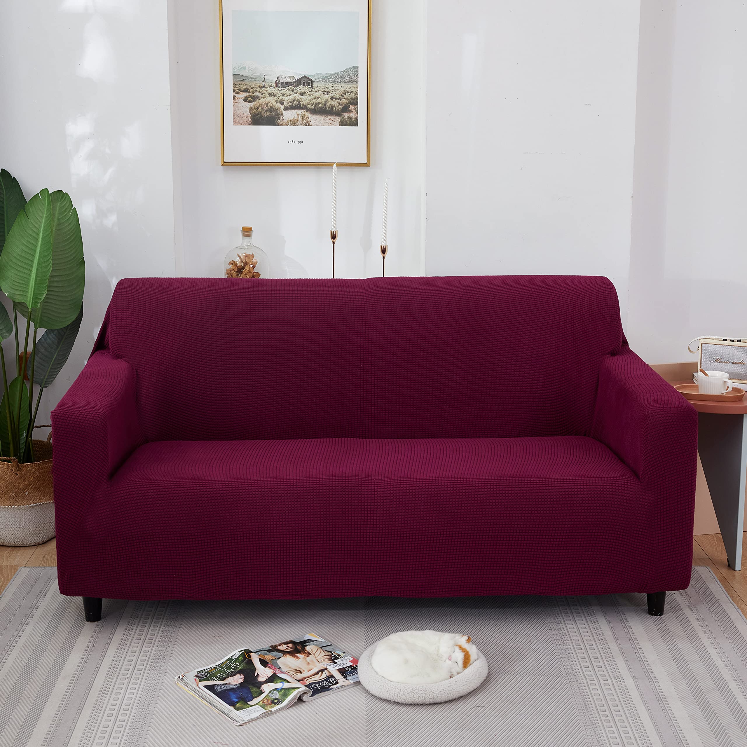 NC Universal High Stretch Sofa Slipcovers (Wine, Small)