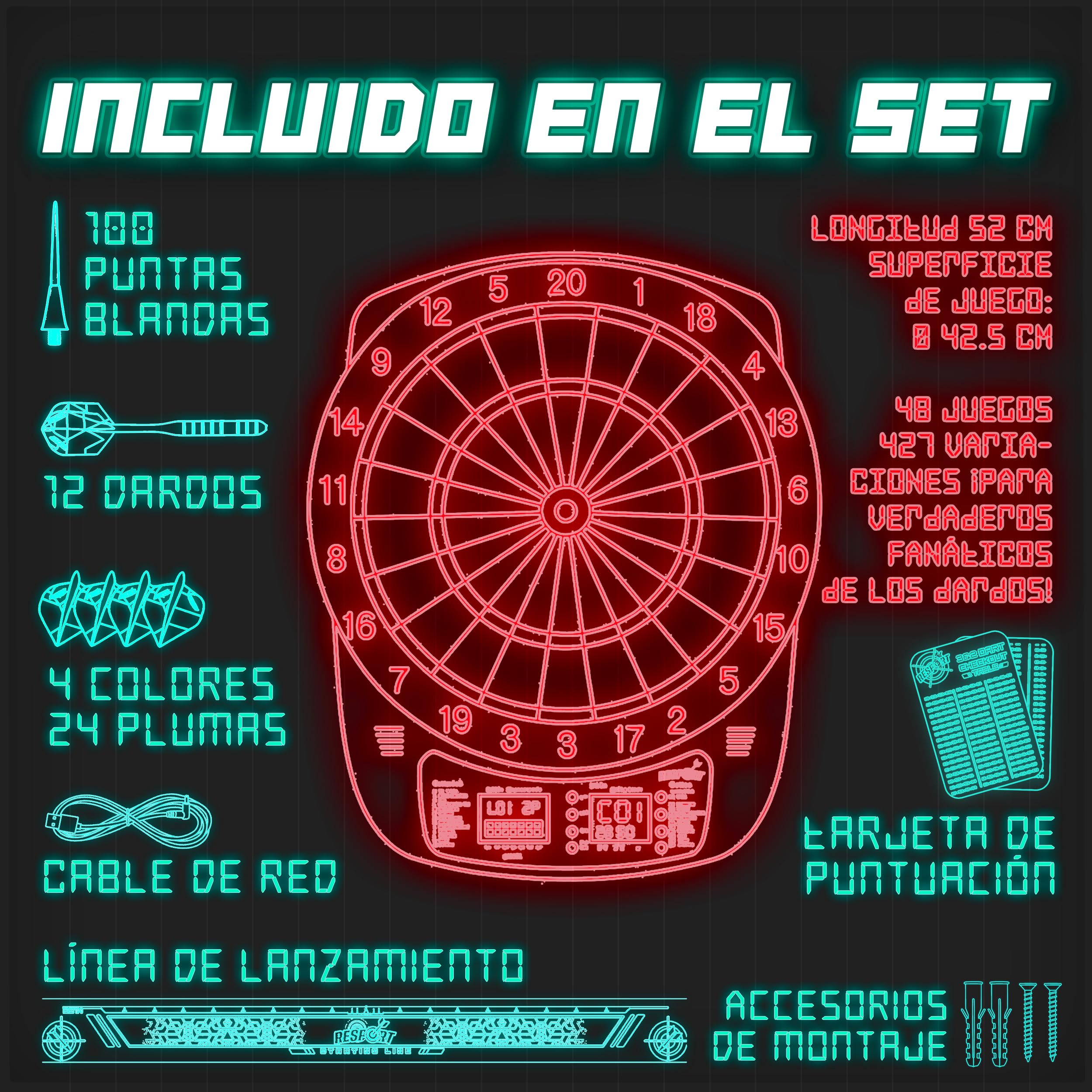RE:SPORT Diana electrónica profesional 12 dardos 24 plumas Pro 100 puntas máquina de dardos electrónica 1-8 jugadores 427 variantes