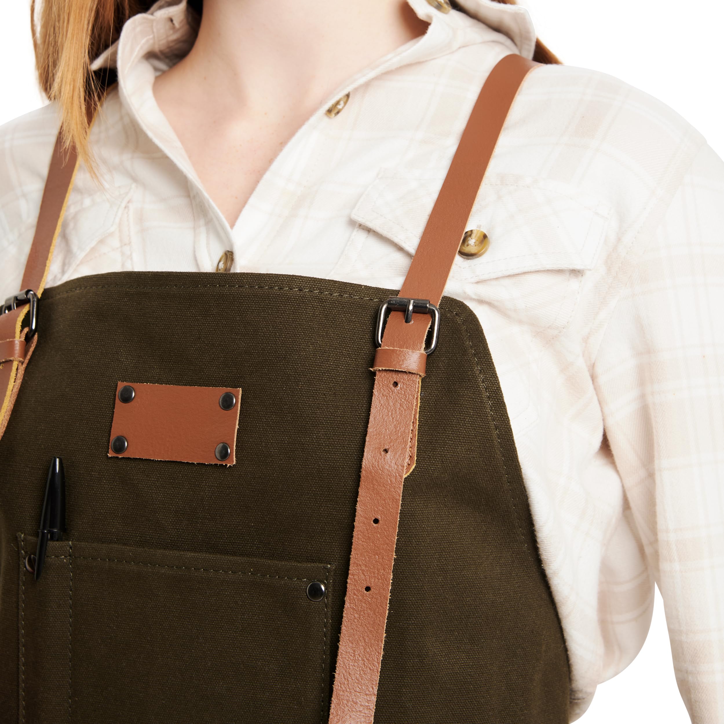 Theodore Tablier de travail en toile cirée, noir avec sangles en cuir marron, dos croisé, toile robuste de 414 g, utilitaire multi-poches
