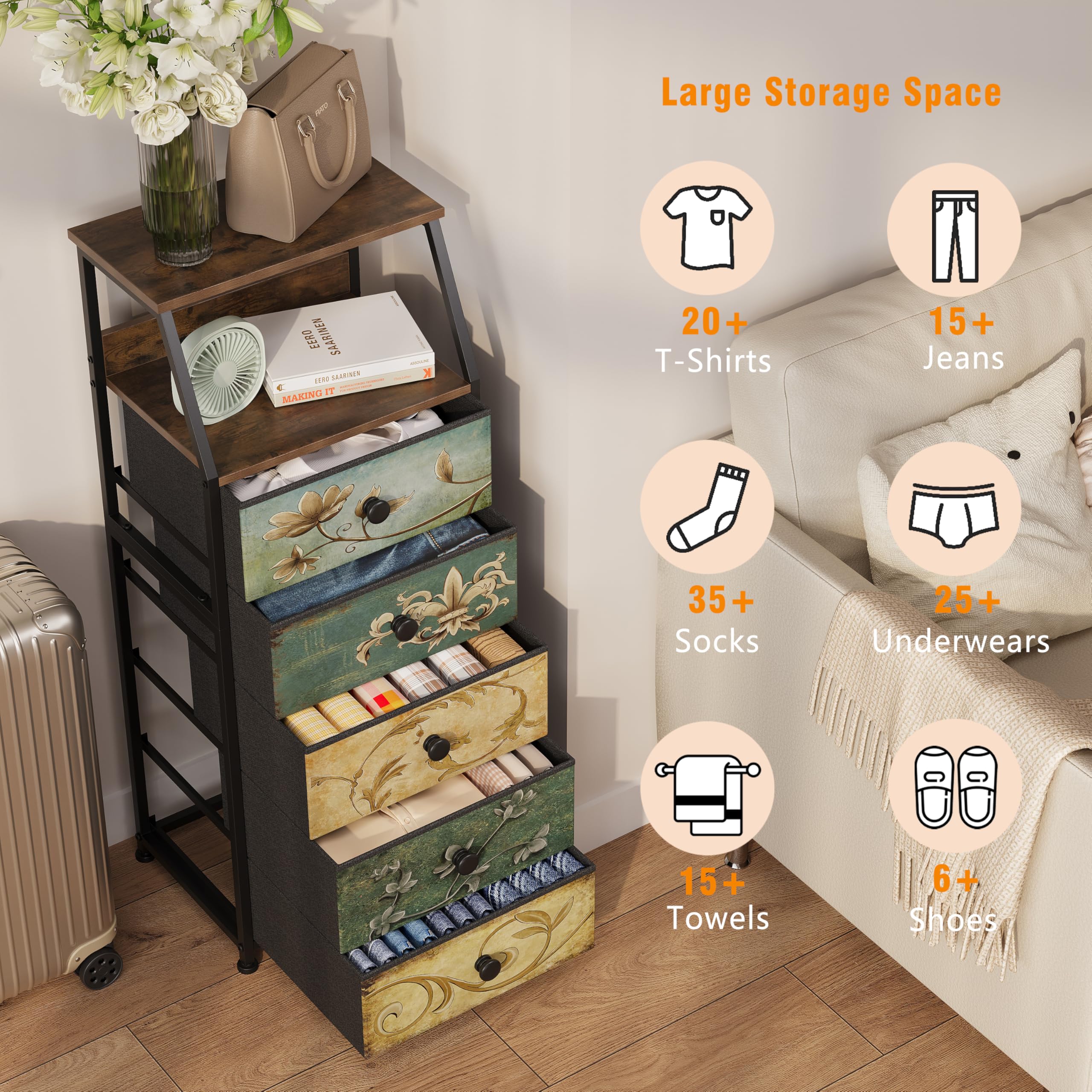 VEDECASA Commode à 5 tiroirs en tissu Armoire commode avec étagère ouverte Coiffeuse bohème Armoire de rangement Table de chevet Table d'appoint pour chambre salon