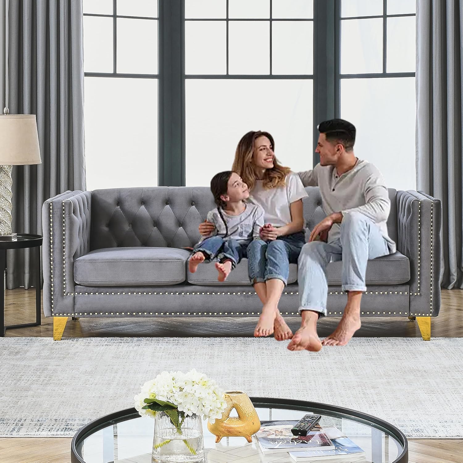 2 Piece 81" 3-Seater + 58" Loveseat Velvet Sofa Set,Buttons Tufted and Square Arm,Inlaid Gold Nail Heads and 4 Golden Metal Legs for Living Room (Grey, 81" 3-Seater + 58" Loveseat Velvet Sofa Set)