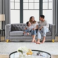 Vista 5 de Juego de 2 sofás de terciopelo gris de 81 pulgadas de 3 plazas, botones copetudos y brazo cuadrado, cabezas de uñas doradas con incrustaciones y 4