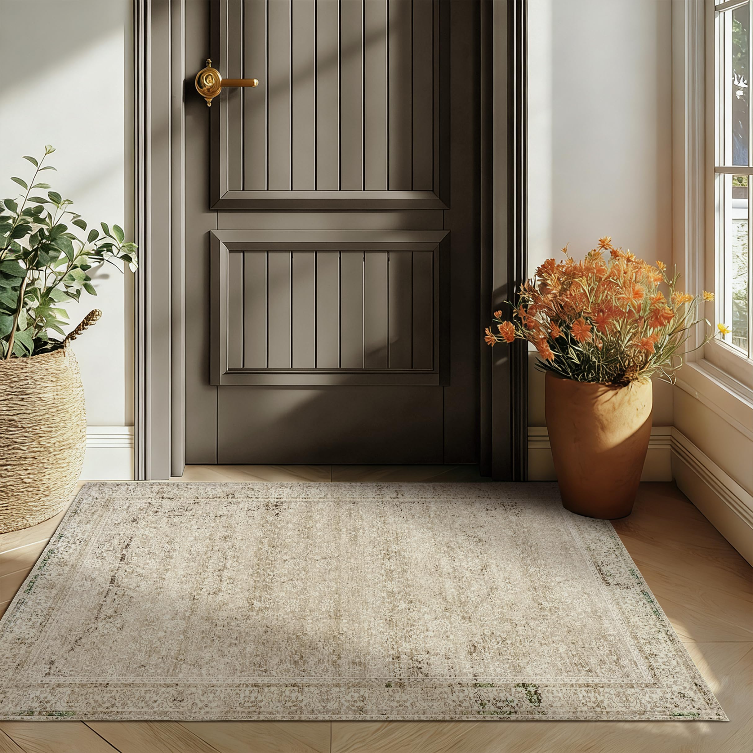 3x5 Small Entryway Area Rug Indoor for Front Door Entry Way,Washable Non Slip Ultra Thin Modern Farmhouse Neutral Boho Door Mat Entrance,Tan Brown and Cream Beige โ image 1