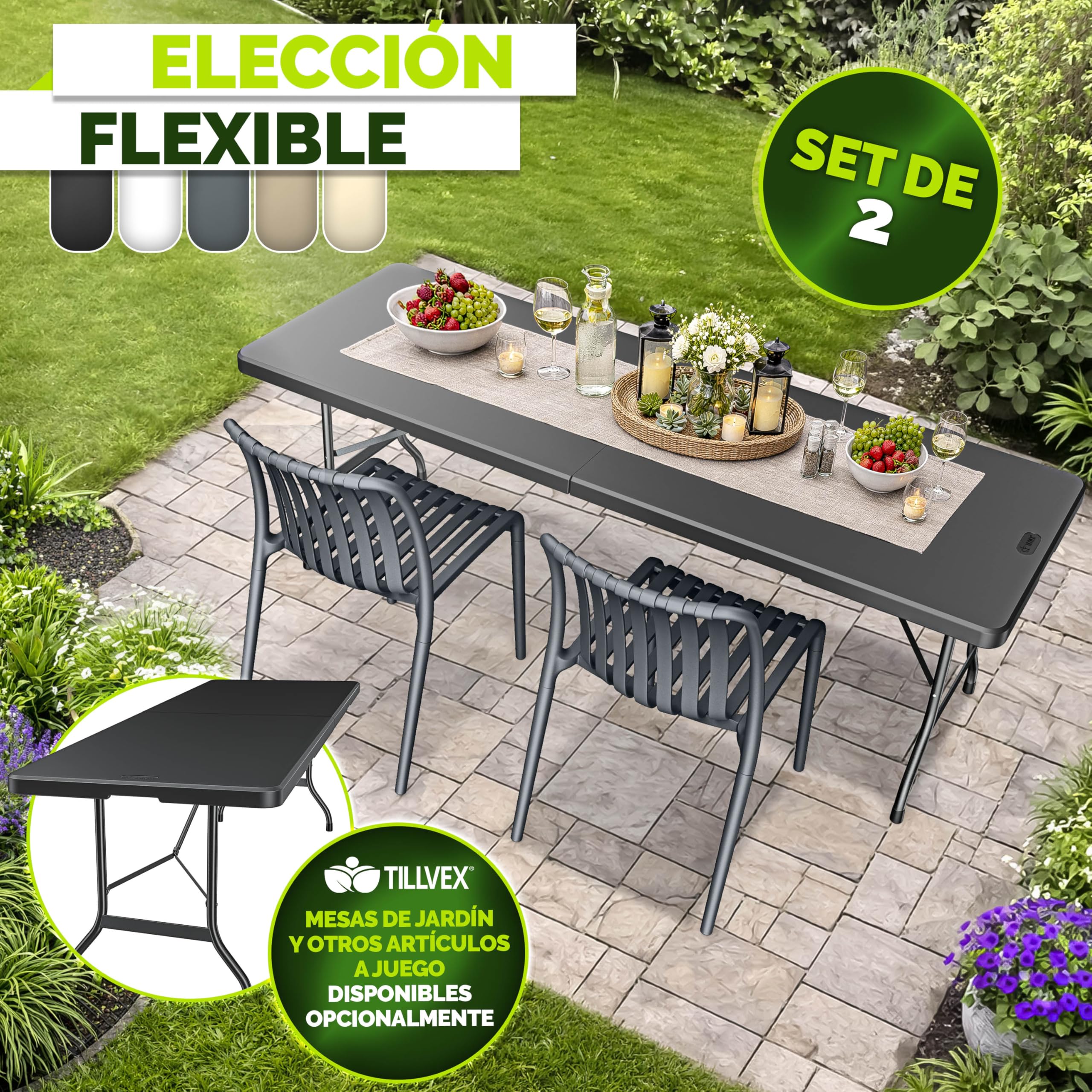 tillvex Juego de 2 sillas de jardín apilables, resistentes a la intemperie, sillas de exterior de hasta 120 kg, sillas de jardín para exteriores, muebles de terraza, balcón, jardín, terraza