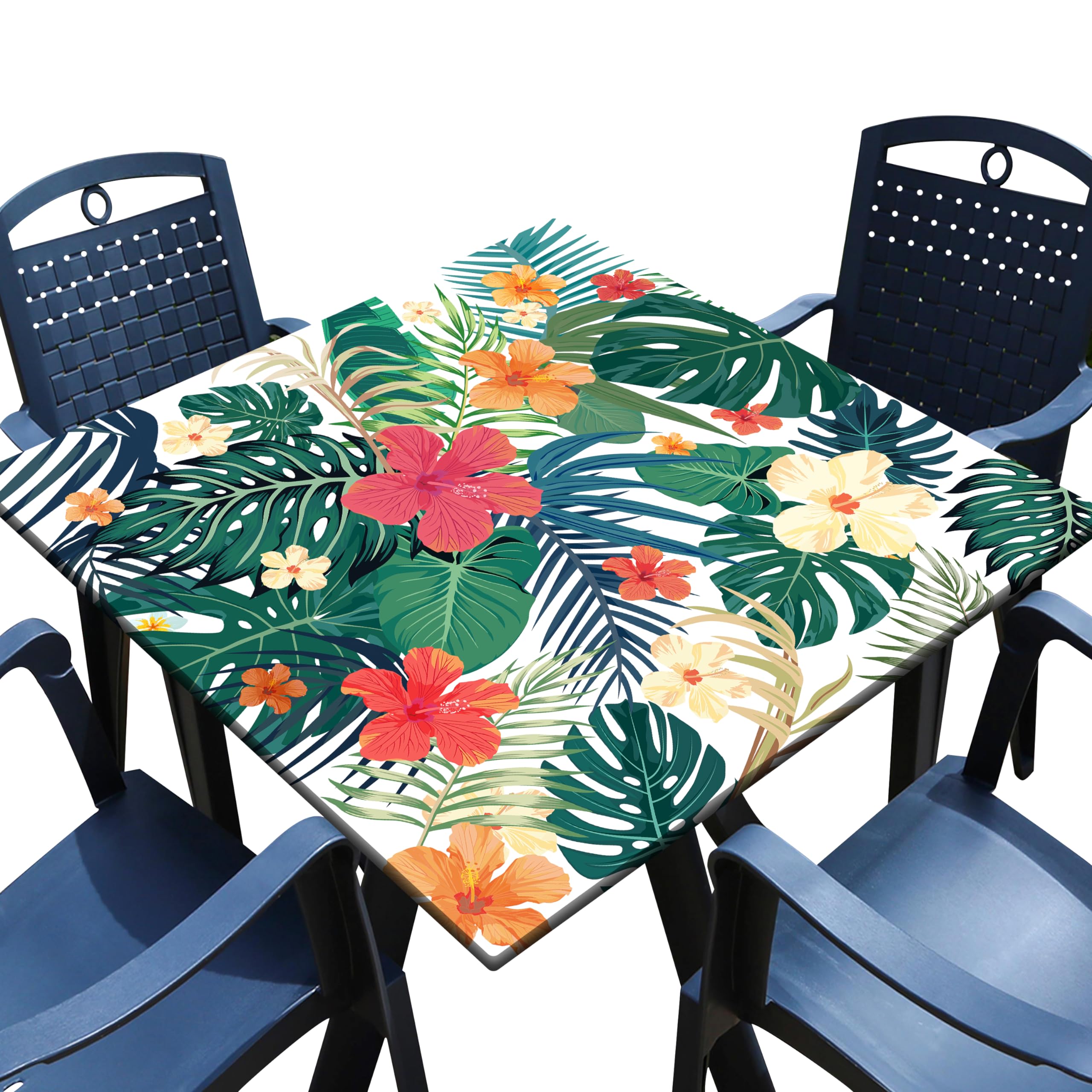 Square Fitted Tablecloth with Elastic Edge Tropical Palm Leaves Card Table Cover Outdoor Square Wipeable Card Table Tablecloth for Indoor Kitchen