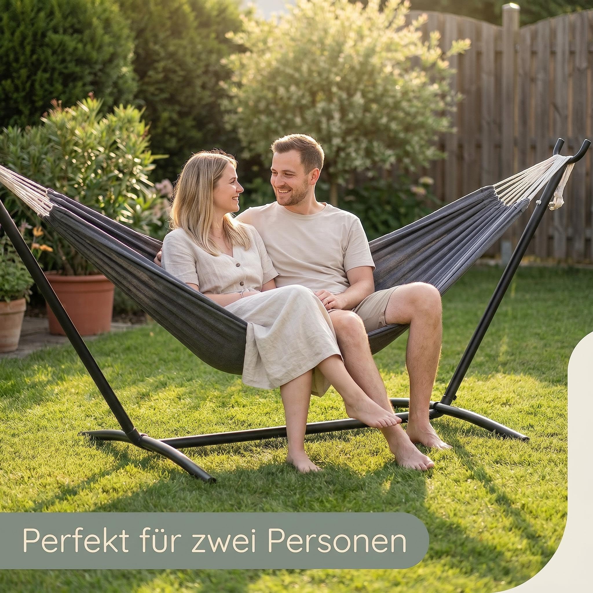 Doppel Hängematte mit pulverbeschichtetem Stahlgestell bis 200 kg Belastbar | 213x150cm Liegefläche Outdoor Garten Balkon Camping Hängematten-Set inkl. Oxford Tragetasche