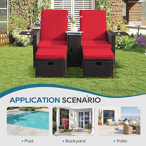 Miniatura 7 de Tumbona de mimbre para exteriores, 5 piezas, silla reclinable ajustable de ratán con otomana y mesa auxiliar, para patio, playa, piscina, patio